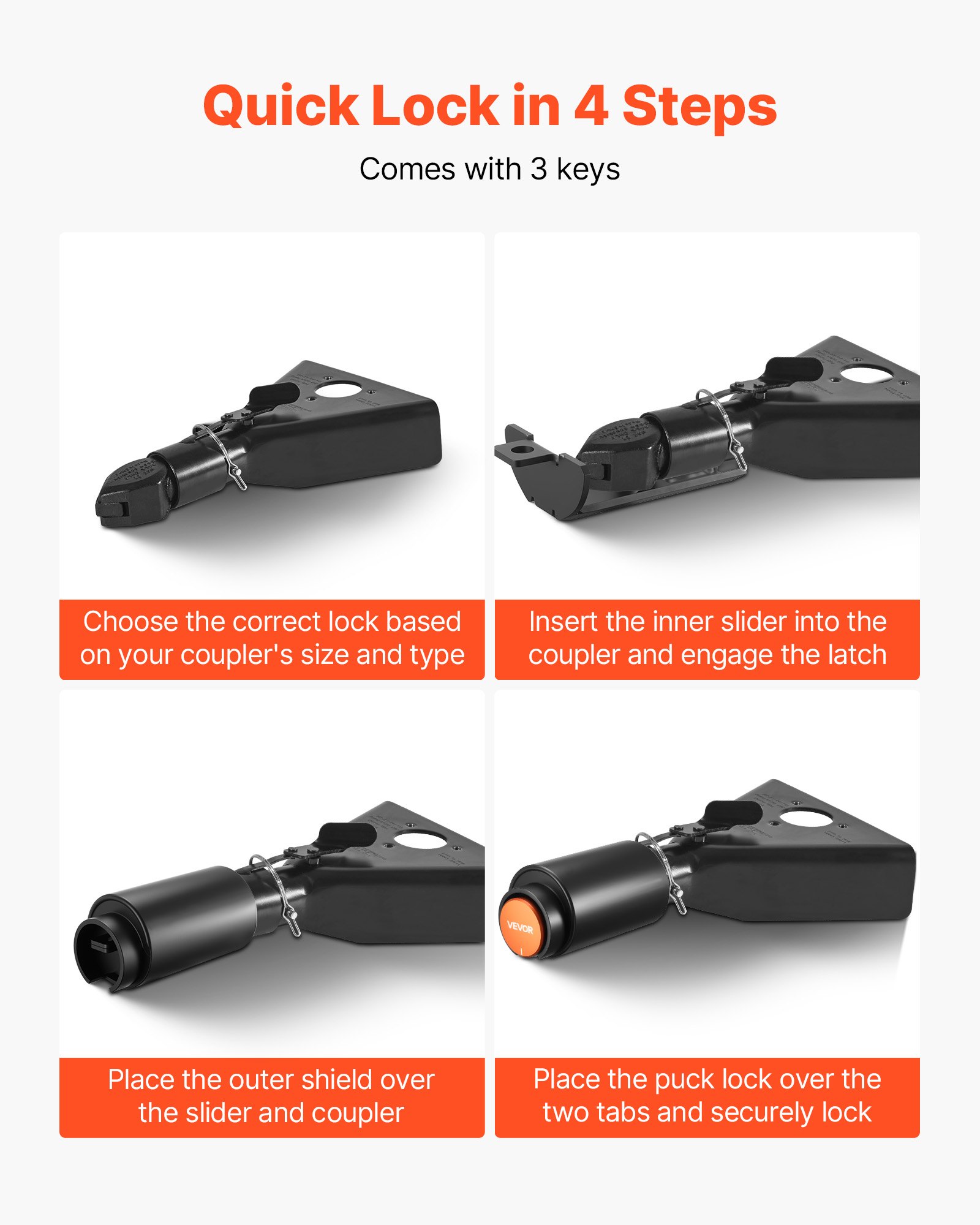 VEVOR Lucchetto per Rimorchio, Adatto per Attacchi da 50,6 e 58,6 mm, Lucchetto per Gancio di Traino Robusto con 3 Chiavi, Protegge le Catene di Sicurezza, Resistente allo Scasso e Alla Corrosione