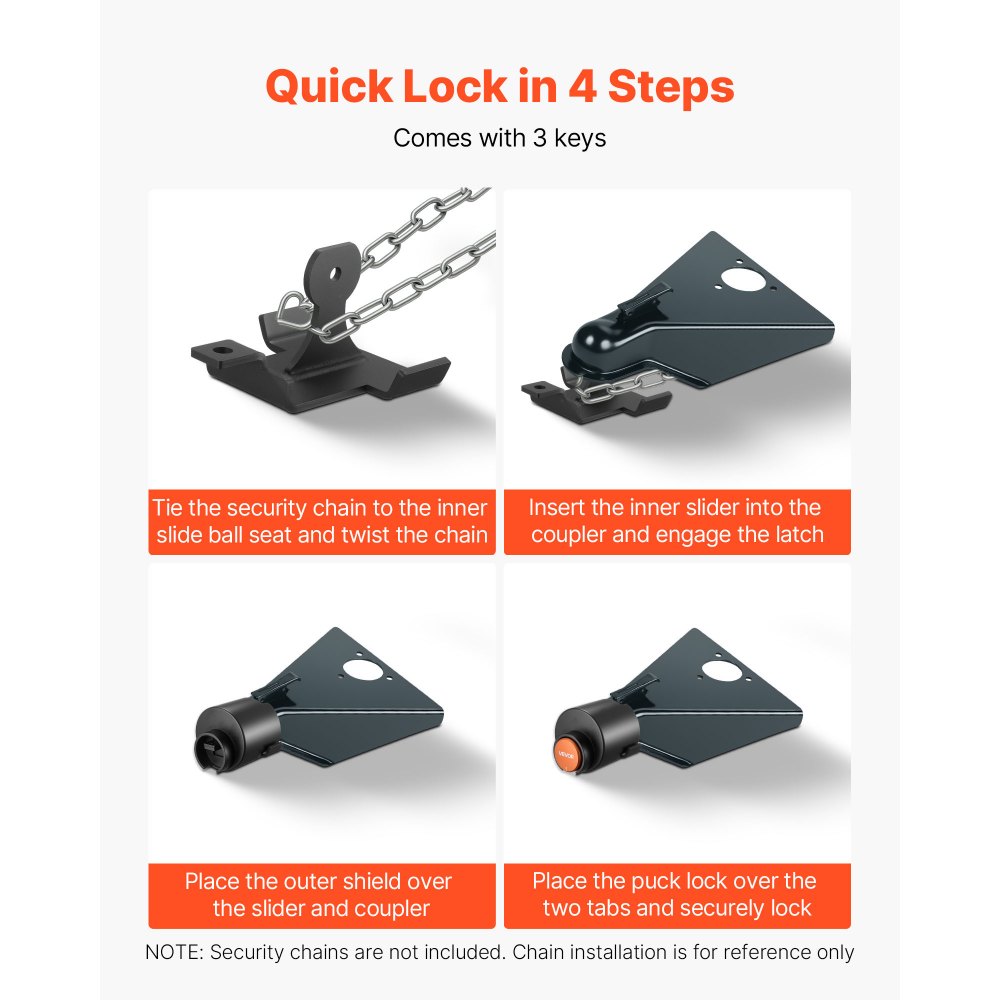 VEVOR Trailer Lock, Fits 50.6 & 58.6 mm Straight Tongue Ball Couplers, Heavy Duty Hitch Lock with 3 Keys Secures Security Chains, Anti-Theft RV Trailer Tongue Locks for RV, Trailer, Boat