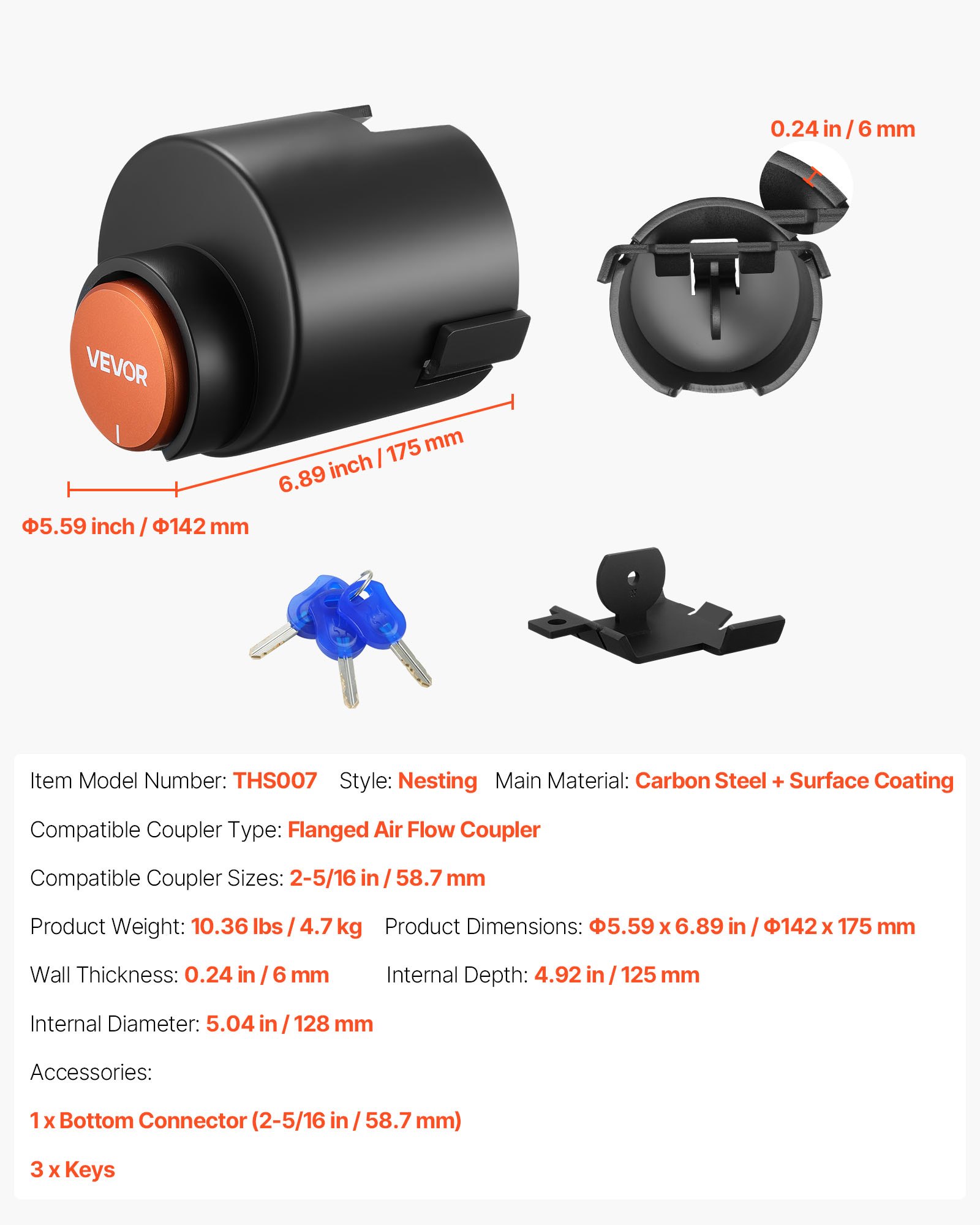 VEVOR Lucchetto per Rimorchio, Adatto per Attacchi da 58,6 mm, Lucchetto per Gancio di Traino con 3 Chiavi, Resistente allo Scasso e Alla Corrosione per Raccordo del Flusso d'Aria Flangiato