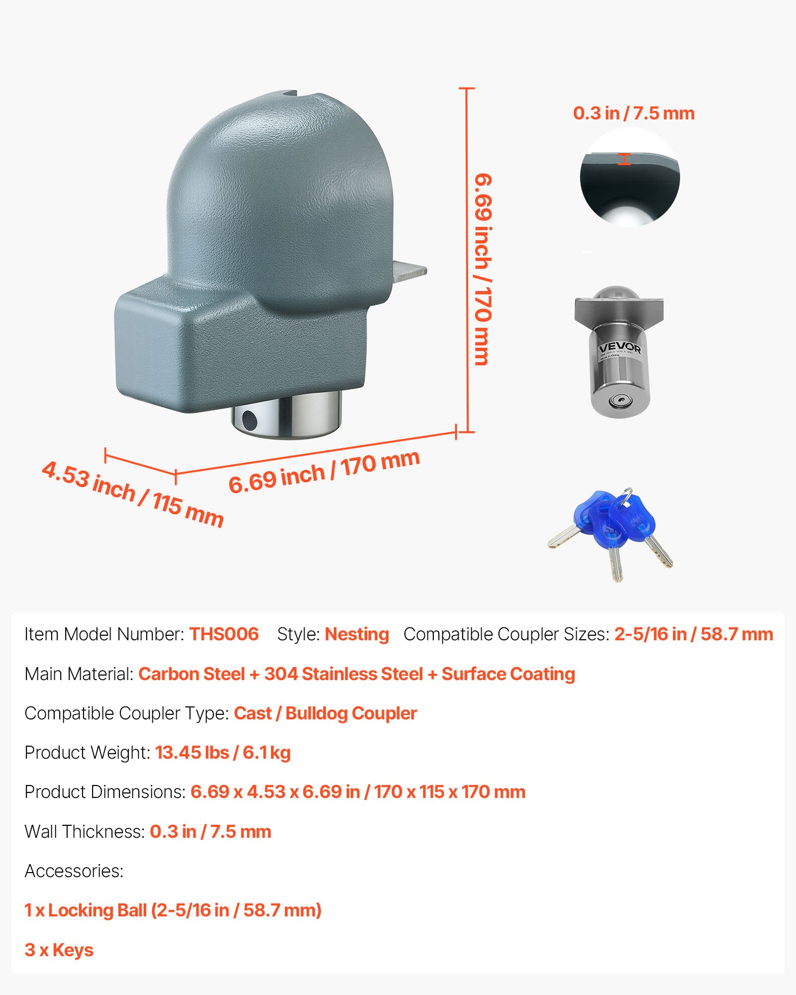 VEVOR Trailer Coupler Lock, Fits 58.6 mm Cast/Bulldog Trailer Couplers, Heavy Duty Trailer Hitch Lock with 3 Keys, Corrision-resistant, Anti-Theft Coupler Ball Locks for RV, Trailer, Boat, Black