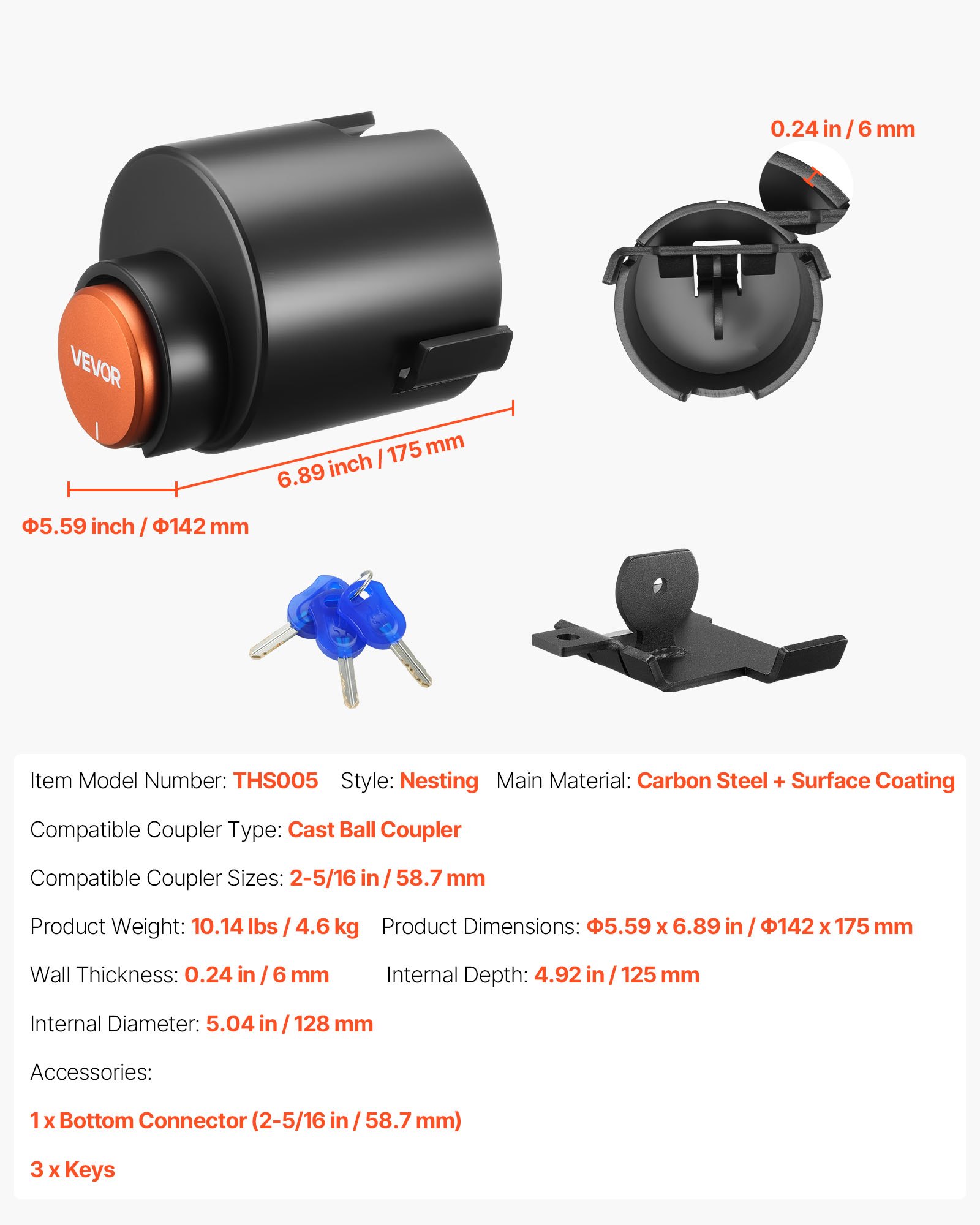 VEVOR Trailer Lock, Fits 58.6 mm Cast Ball Couplers, Heavy Duty Hitch Lock with 3 Keys Secures Security Chains, Corrision-resistant, Anti-Theft RV Trailer Locks for RV, Trailer, Boat