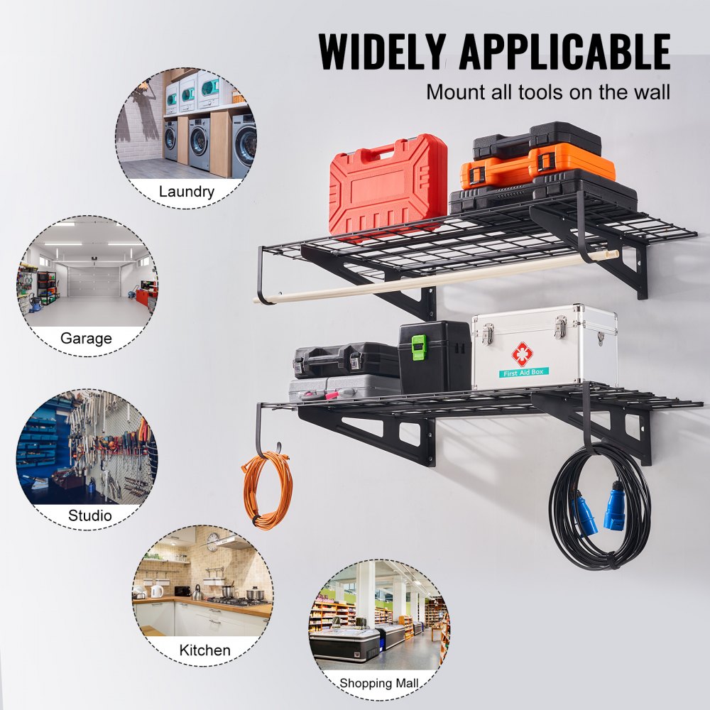 VEVOR Scaffali per Garage da 2 Pezzi Griglia per Garage Portaoggetti 122 x 61 cm Montaggio da Parete, Capacità Carico max. 113,4 kg ca., Scaffali Galleggianti per Organizzazione del Garage, Officina