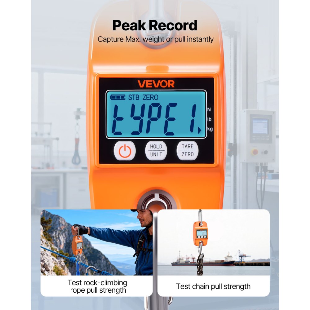 VEVOR Digital Crane Scale, 880 lbs/400 kg Max Capacity, Handheld Hanging Scale with Cast Aluminum Case & LCD Display, 100 g Division & 3 Unit Switch, Auto-Off Setting for Farm Hunting Fishing, Orange