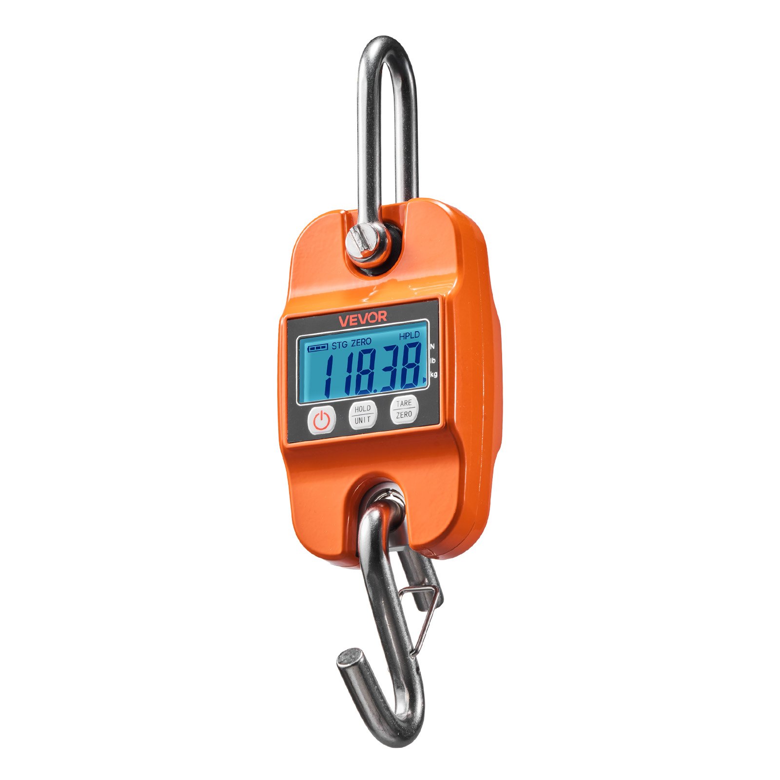 VEVOR Digital Crane Scale, 880 lbs/400 kg Max Capacity, Handheld Hanging Scale with Cast Aluminum Case & LCD Display, 100 g Division & 3 Unit Switch, Auto-Off Setting for Farm Hunting Fishing, Orange