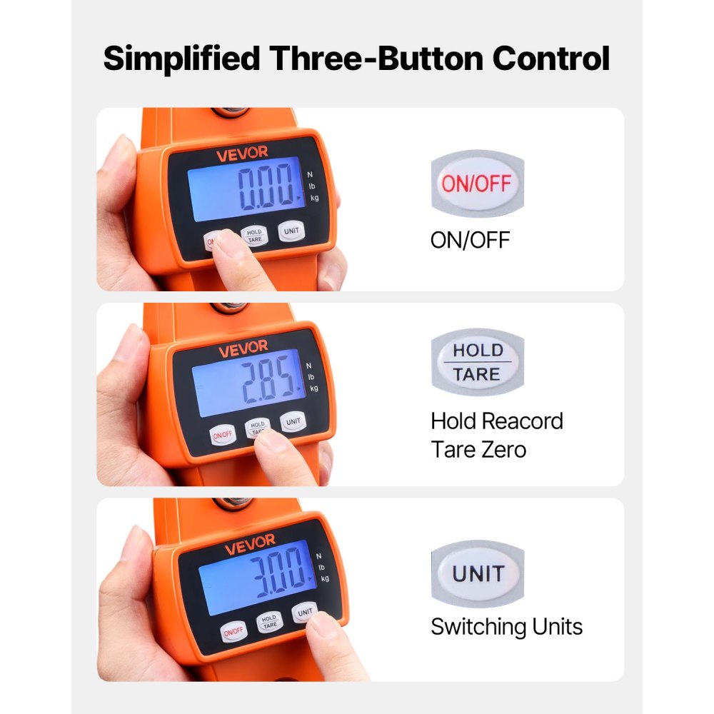VEVOR Bilancia Digitale a Gancio per Carico Valigia Capacità max. 300kg Bilancia Portatile Pesa Valigia Schermo LCD a Batteria Precisione 50g Interruttore 3 Unità, Caccia Pesca Bagaglio, Arancione