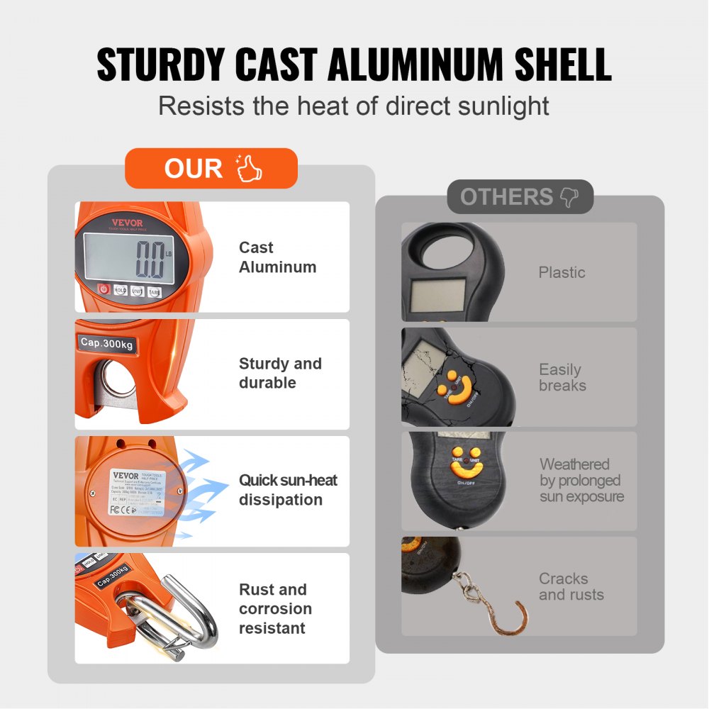 VEVOR Mini Bilancia Industriale Sospesa Carico 0,15 kg a 300kg, Mini Bilancia Digitale da Gru in Alluminio Fuso Schermo LCD Alta Precisione, Mini Bilancia a Gancio per Fattoria Caccia Pesca Officina