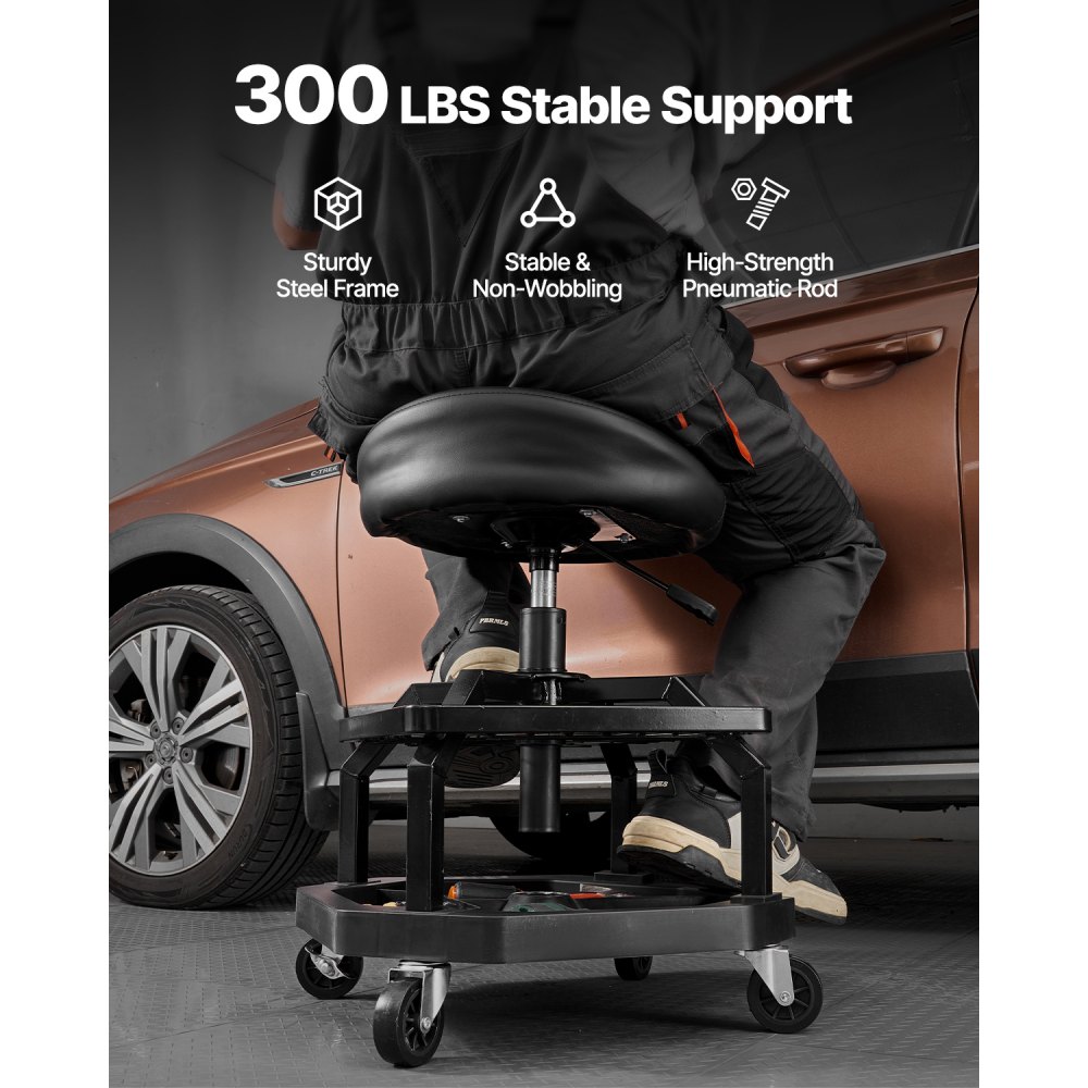 VEVOR Sgabello Pneumatico con Ruote, Sedile da Officina Capacità di Carico 136 kg, Sedile con Cingoli Regolabile in Altezza, Girevole a 360°, Sgabello Imbottito, per Garage, Riparazione Auto