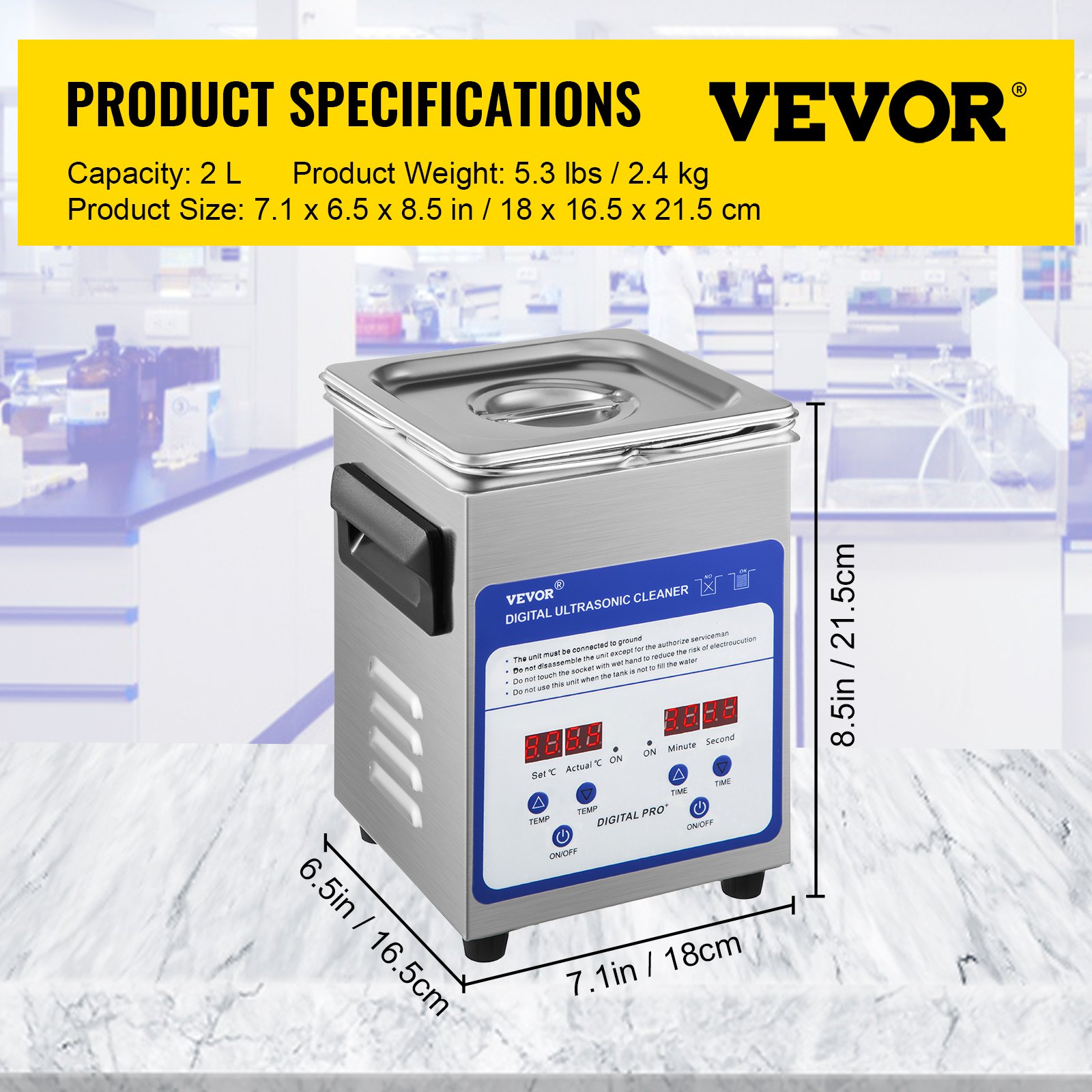 VEVOR Pulitore Digitale ad Ultrasuoni Potenza Ultrasonica 60W, Pulitore ad Ultrasuoni Capacità 2L in Acciaio Inossidabile, Kit con 2 Cestini per Pulizia Uso Commerciale, Industriale e Residenziale