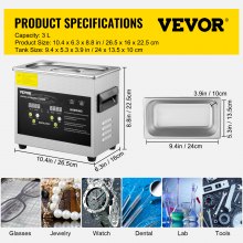 VEVOR Pulitore a Ultrasuoni Digitale 3 L Riscaldatore Temporizzatore da 200 W