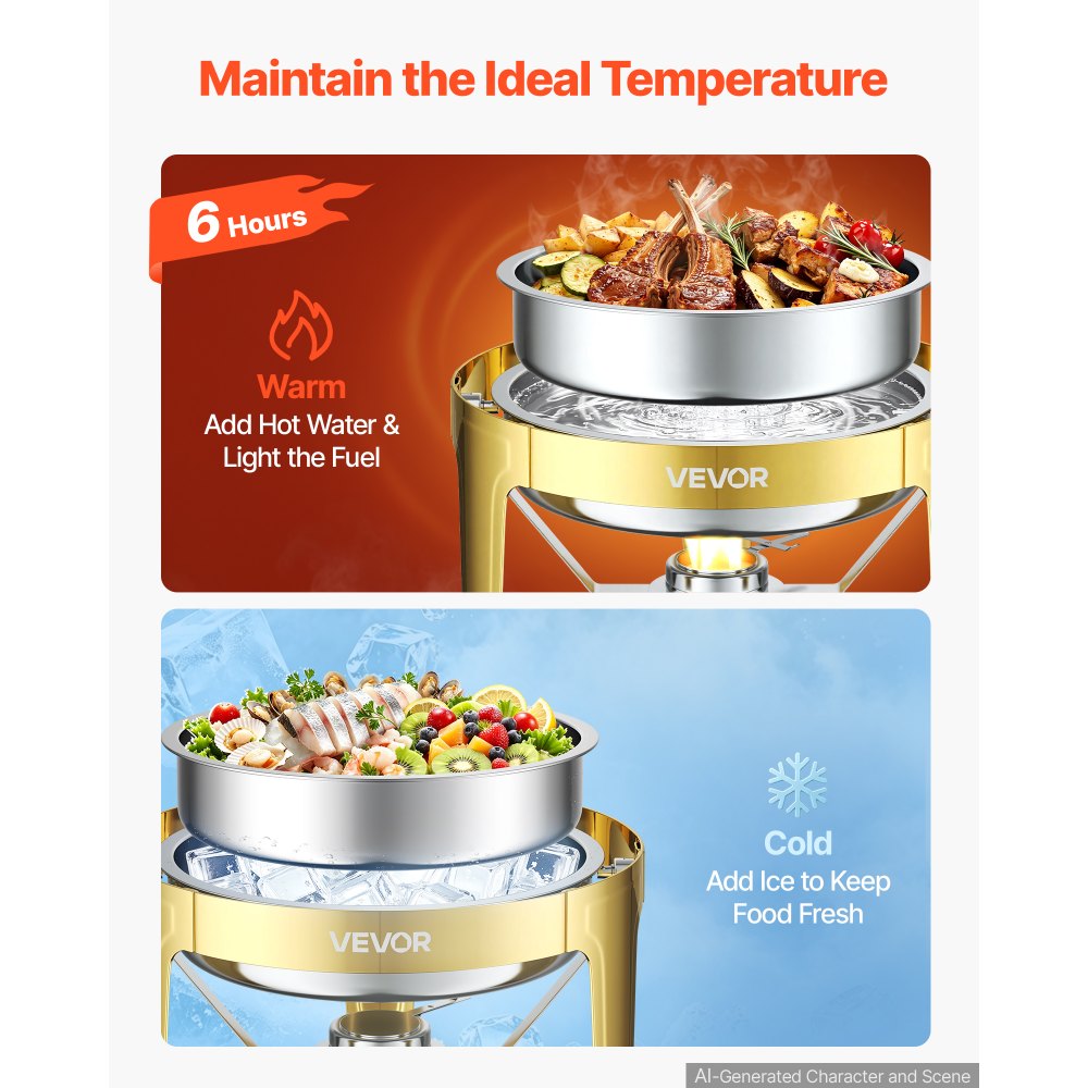 VEVOR Scaldavivande per Alimenti in Acciaio Inox 5,68L Vassoio Rotondo 1 pz Contenitore Scaldavivande per Buffet, Banchetti, Catering, Feste, Eventi, Coperchio Arrotolabile, Rotondo, Apertura 0-180°