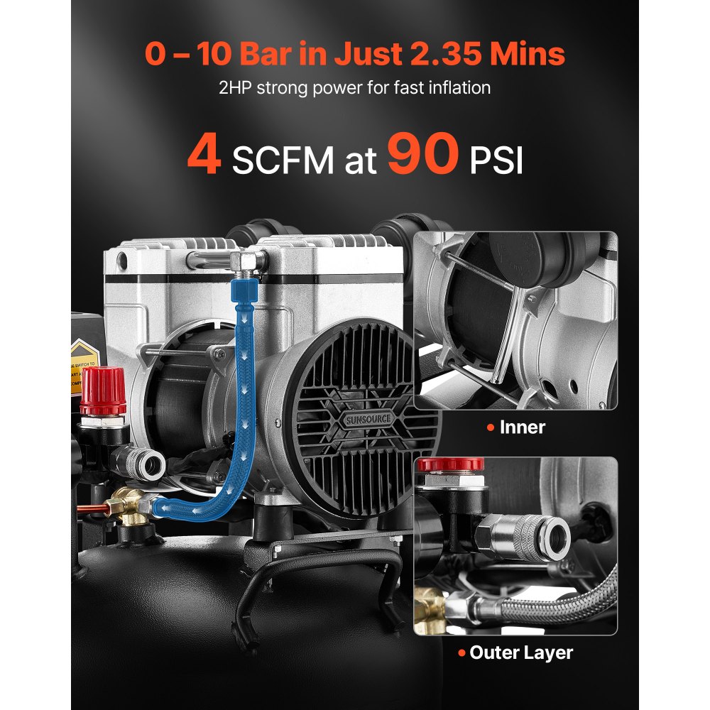 VEVOR Compressore d'Aria da 30 Litri 1,5 KW, Compressore d'Aria Senza Olio con Pressione Massima di 10 Bar, per Riparazioni Auto, Gonfiaggio Pneumatici, Verniciatura a Spruzzo, Chiodatura di Legno