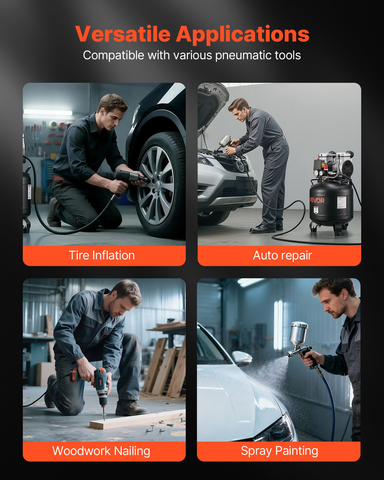 VEVOR Compressore d'Aria da 30 Litri 1,5 KW, Compressore d'Aria Senza Olio con Pressione Massima di 10 Bar, per Riparazioni Auto, Gonfiaggio Pneumatici, Verniciatura a Spruzzo, Chiodatura di Legno