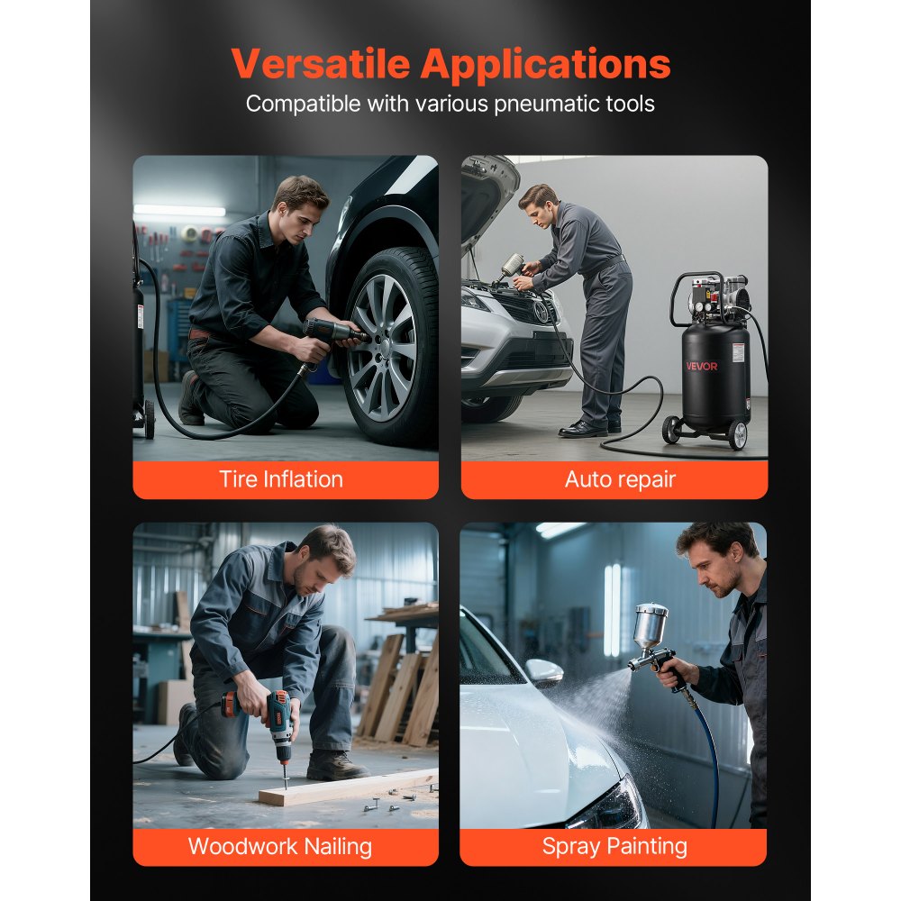 VEVOR Compressore d'Aria per Gonfiaggio da 50 Litri 1,5 KW, Pressione Massima 8 Bar, Serbatoio del Compressore d'Aria Senza Olio, Portatile su Ruote per Riparazioni Auto, Gonfiaggio Pneumatici