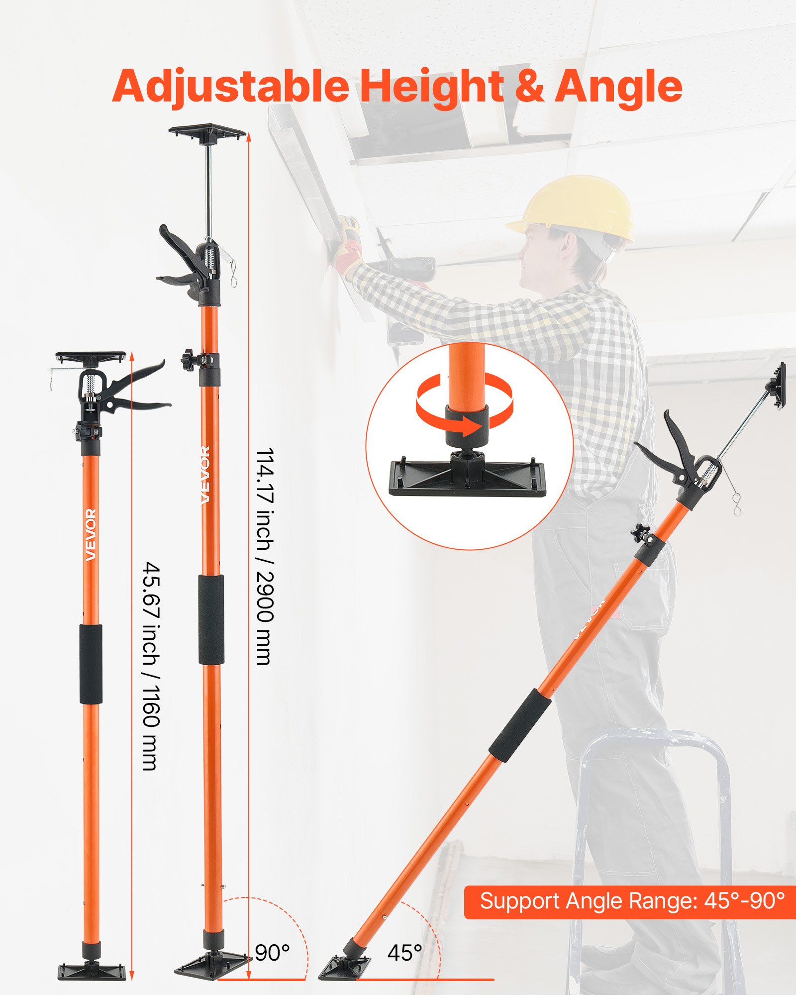 VEVOR Asta di Supporto, Confezione da 2, Telescopica Rapida in Acciaio da 116-290 cm, Sistema Regolabile a 3 Mani, Capacità Fino a 70 kg, per Martinetto per Armadietti, Barre di Carico