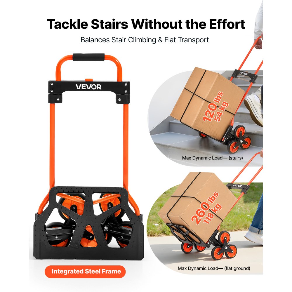 VEVOR Stair Climbing Cart, 54 kg Stair-Climbing Capacity, Portable Folding Trolley Cart with Telescoping Handle, 6 Wheels and 2 Bungee Cords, Stair Climber Dolly for Home, Groceries, Warehouse