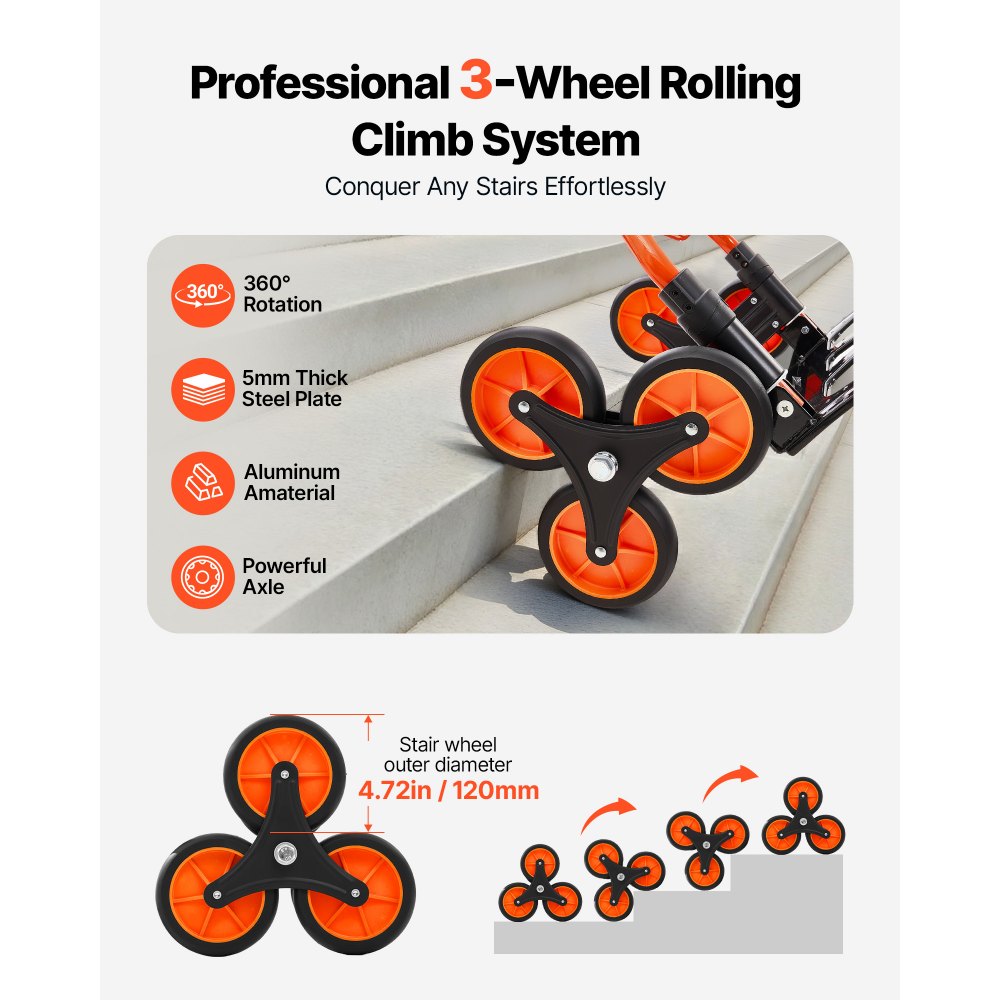 VEVOR Stair Climbing Cart, 54 kg Stair-Climbing Capacity, Portable Folding Trolley Cart with Telescoping Handle, 6 Wheels and 2 Bungee Cords, Stair Climber Dolly for Home, Groceries, Warehouse