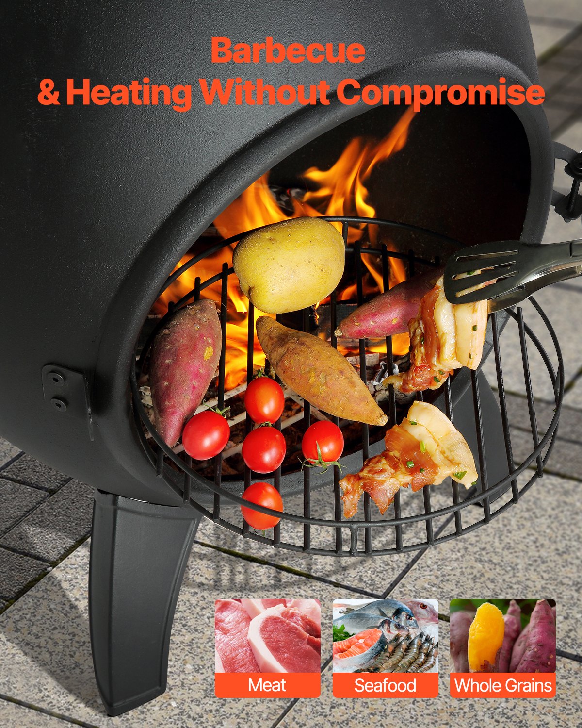 VEVOR Chiminea ad Alta Tolleranza 457 mm Braciere a Legna da Esterno, Camino Sferico per Barbecue e Riscaldamento, con Griglia a Maglie, Coperchio Antiruggine per Camino, per Patio, Giardino, Cortile