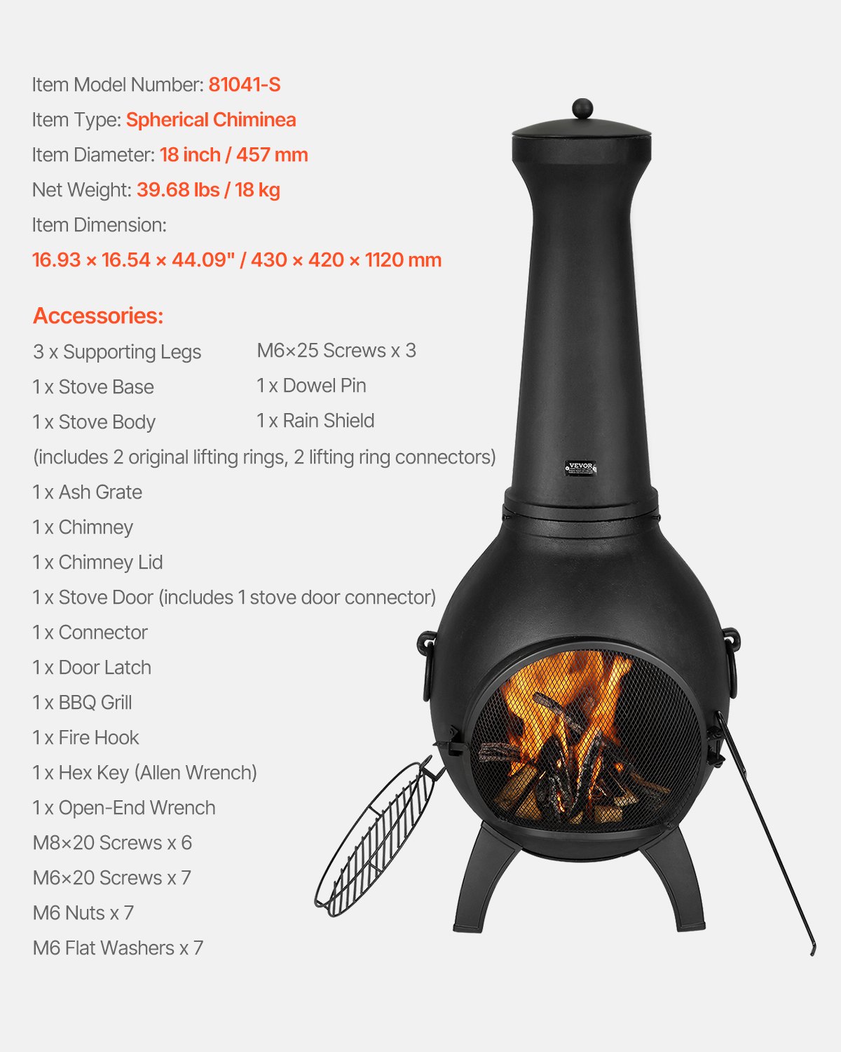 VEVOR Chiminea ad Alta Tolleranza 457 mm Braciere a Legna da Esterno, Camino Sferico per Barbecue e Riscaldamento, con Griglia a Maglie, Coperchio Antiruggine per Camino, per Patio, Giardino, Cortile