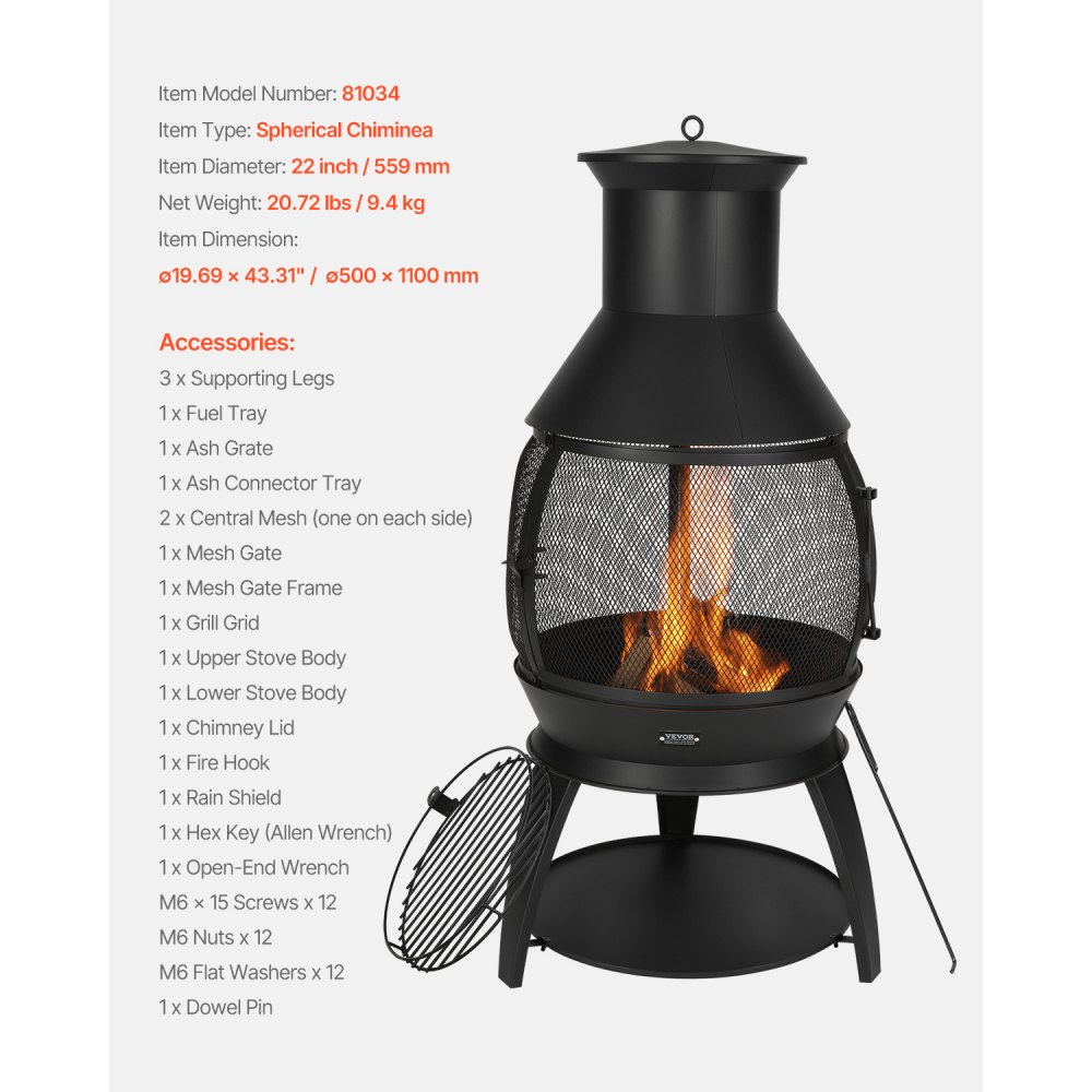 VEVOR Garden Fireplace, φ500x1100mm Patio Heater, Aztec Iron Oven for Grilling & Heating, Chimenea Fire Pit with Grill Grate, Fireplace Casing & Stainless Steel Chimney Cap, for Patio, Garden, Backyard