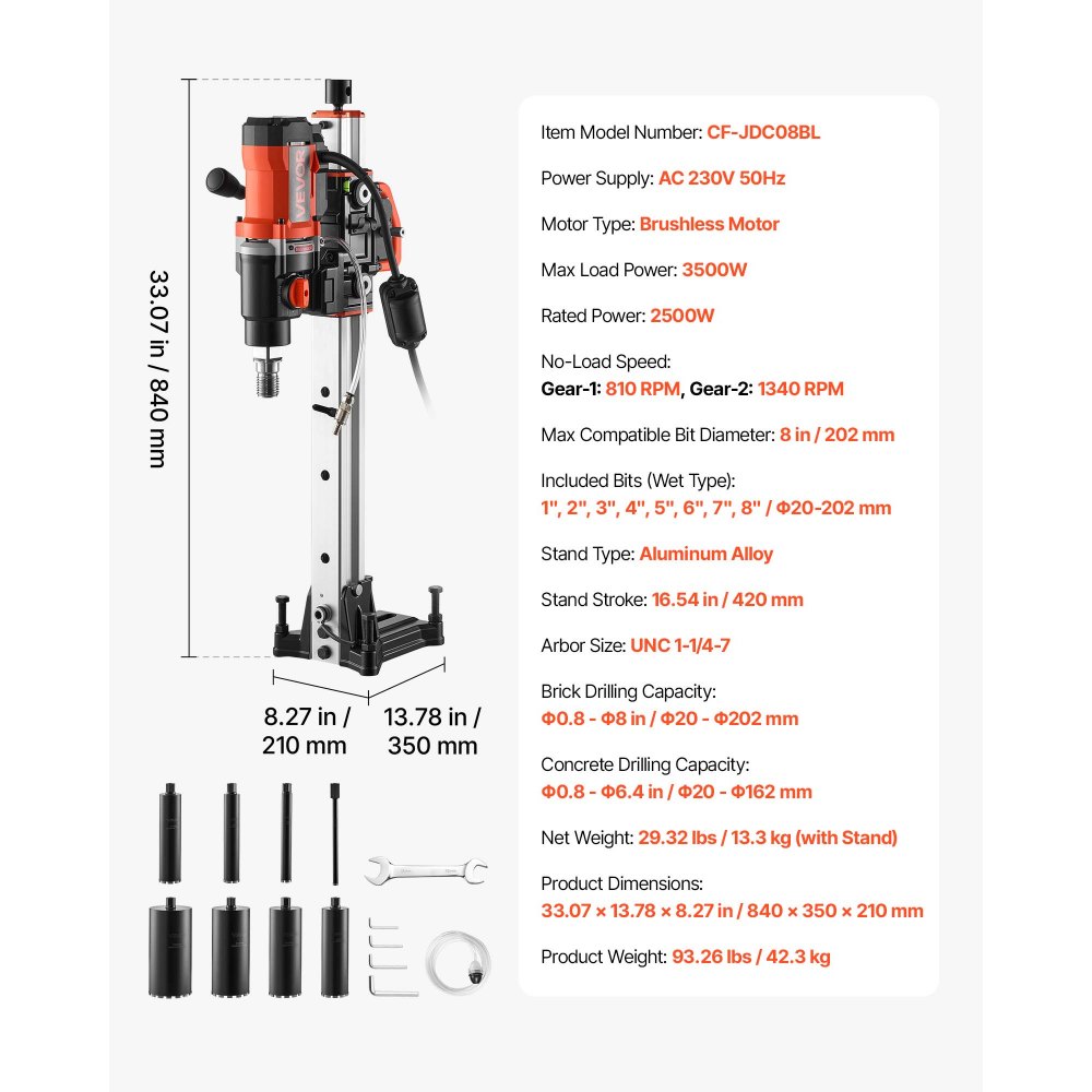 VEVOR Trapano a Carotaggio Diamantato con 8 Punte Brushless con Supporto, Foratura da 25 a 202 mm, a Secco e a Umido, 2500 W, 810 giri/min e 1340 giri/min, Filettatura UNC1 1/4–7 per Mattoni e Pietra