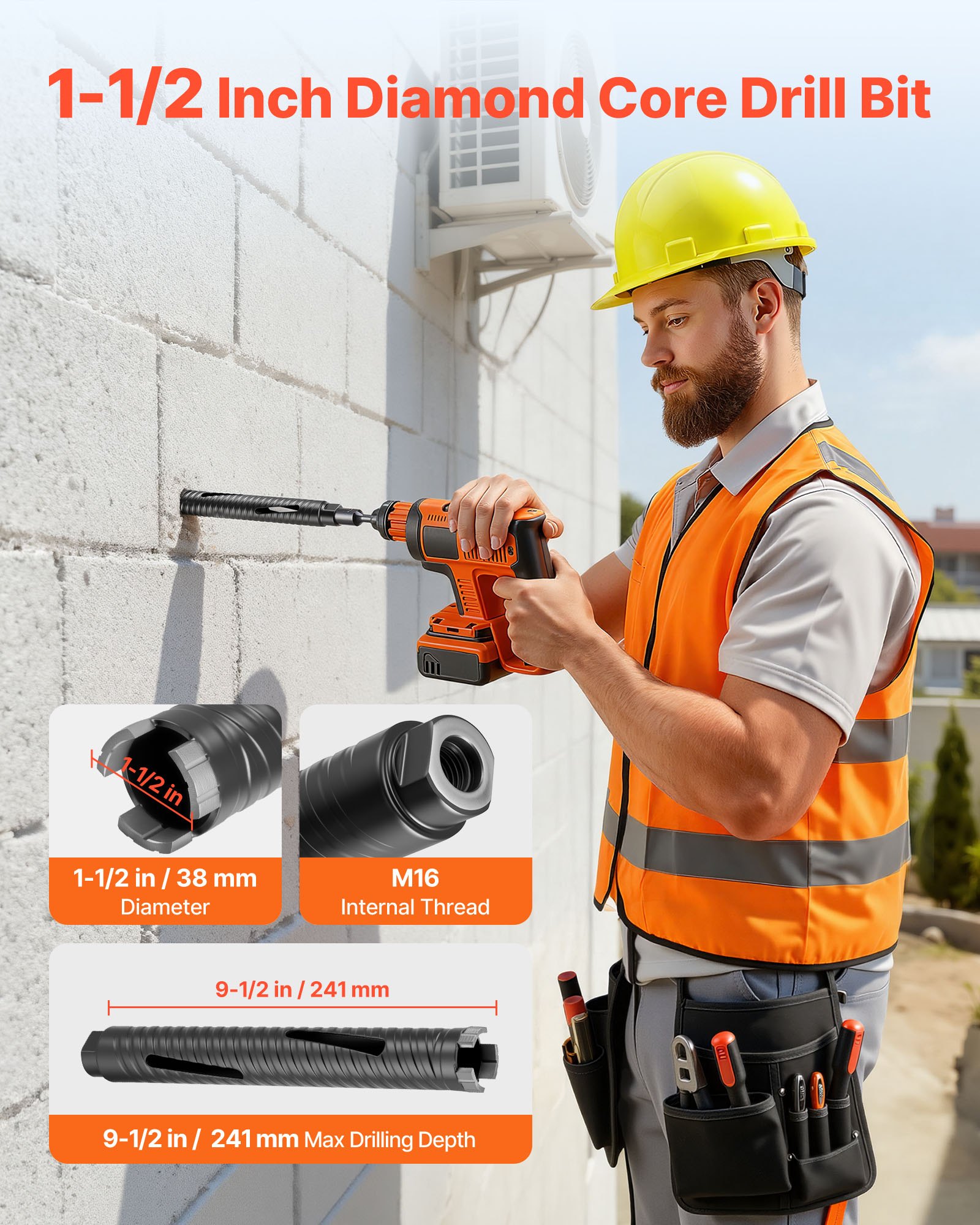 VEVOR Punte per Muratura Diametro 38 mm, Profondità di Foratura 241 mm, Filettatura Interna M16, Punta Carotatrice Diamantata a Secco con 3 Adattatori, Chiave Esagonale per Cemento Armato