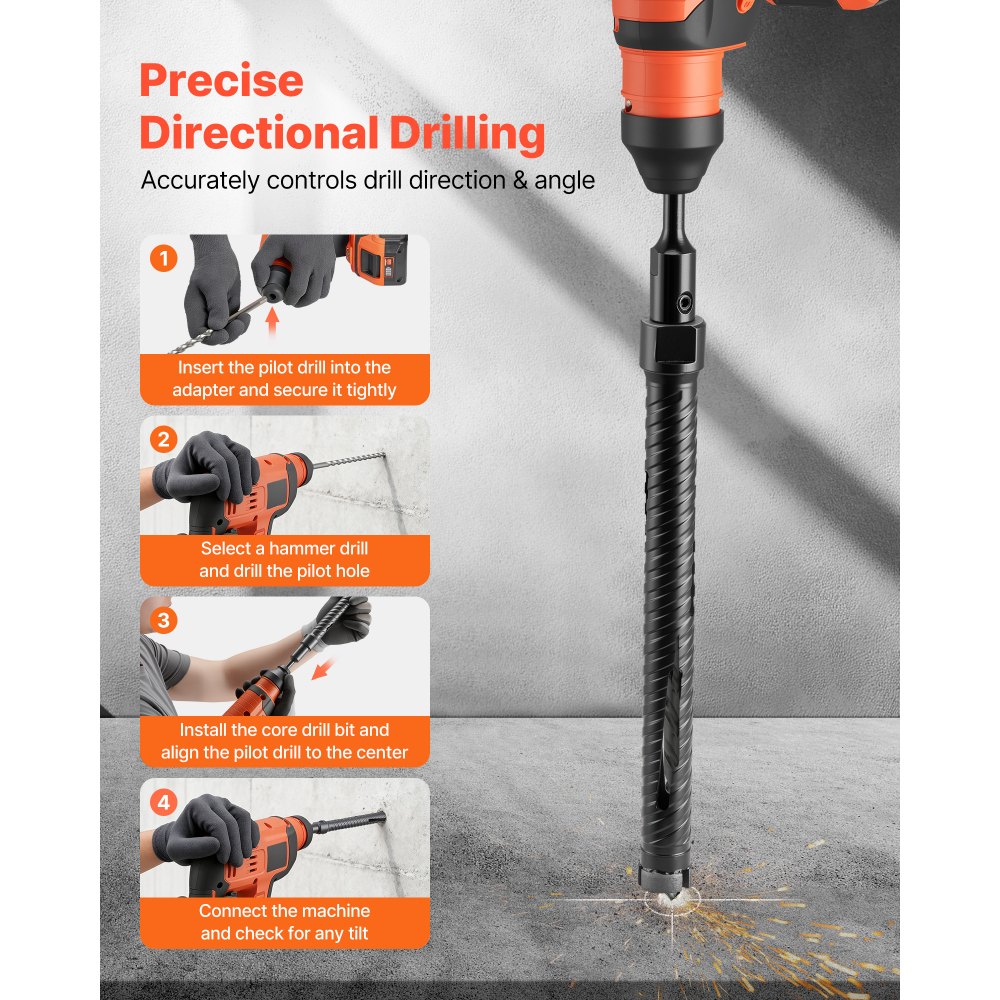 VEVOR Core Drill Bit, 25 mm Diameter, 241 mm Drilling Depth, M16 Internal Thread, Diamond Dry Coring Bit with 3 Adapters, Pilot Drill and Hex Wrench, for Reinforced Concrete, Red Bricks, and Masonry