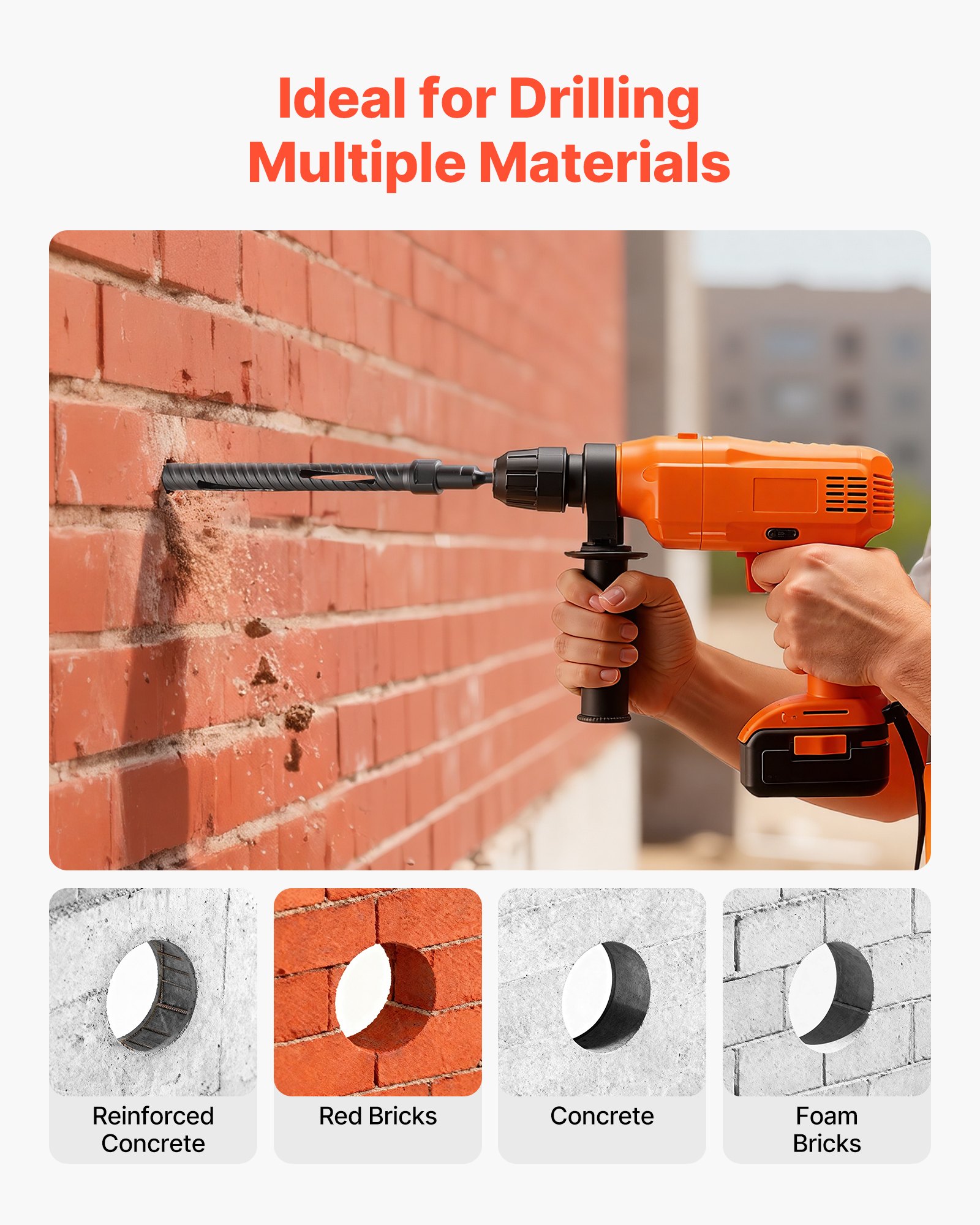 VEVOR Core Drill Bit, 25 mm Diameter, 241 mm Drilling Depth, M16 Internal Thread, Diamond Dry Coring Bit with 3 Adapters, Pilot Drill and Hex Wrench, for Reinforced Concrete, Red Bricks, and Masonry