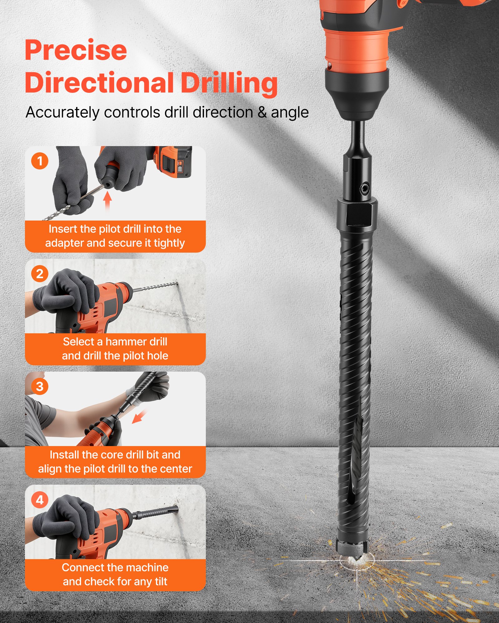 VEVOR Core Drill Bit, 25 mm Diameter, 241 mm Drilling Depth, M16 Internal Thread, Diamond Dry Coring Bit with 3 Adapters, Pilot Drill and Hex Wrench, for Reinforced Concrete, Red Bricks, and Masonry