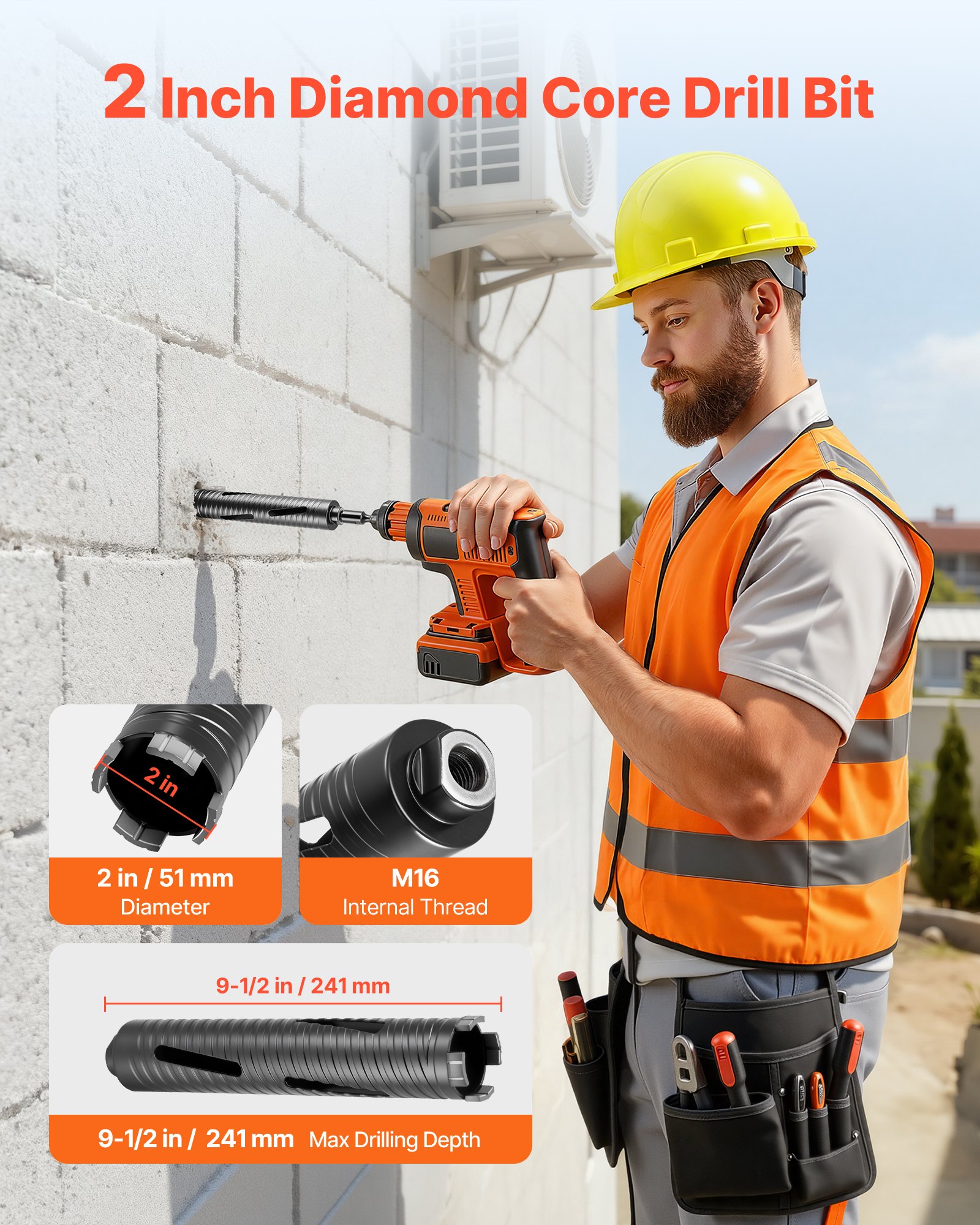 VEVOR Punte per Muratura Diametro 51 mm, Profondità di Foratura 241 mm, Filettatura Interna M16, Punta Carotatrice Diamantata a Secco con 3 Adattatori, Chiave Esagonale per Cemento Armato