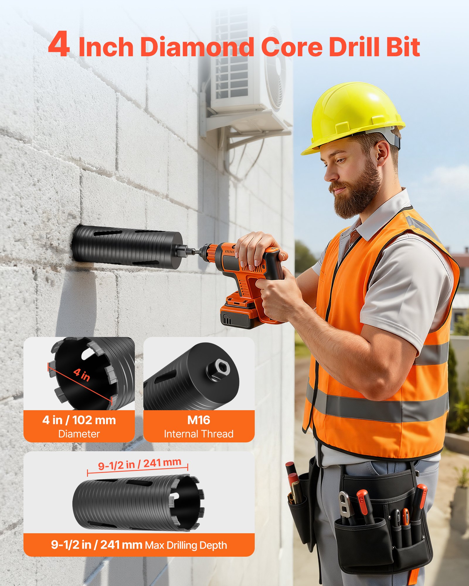 VEVOR Punte per Muratura Diametro 102 mm, Profondità di Foratura 241 mm, Filettatura Interna M16, Punta Carotatrice Diamantata a Secco con 3 Adattatori, Chiave Esagonale per Cemento Armato