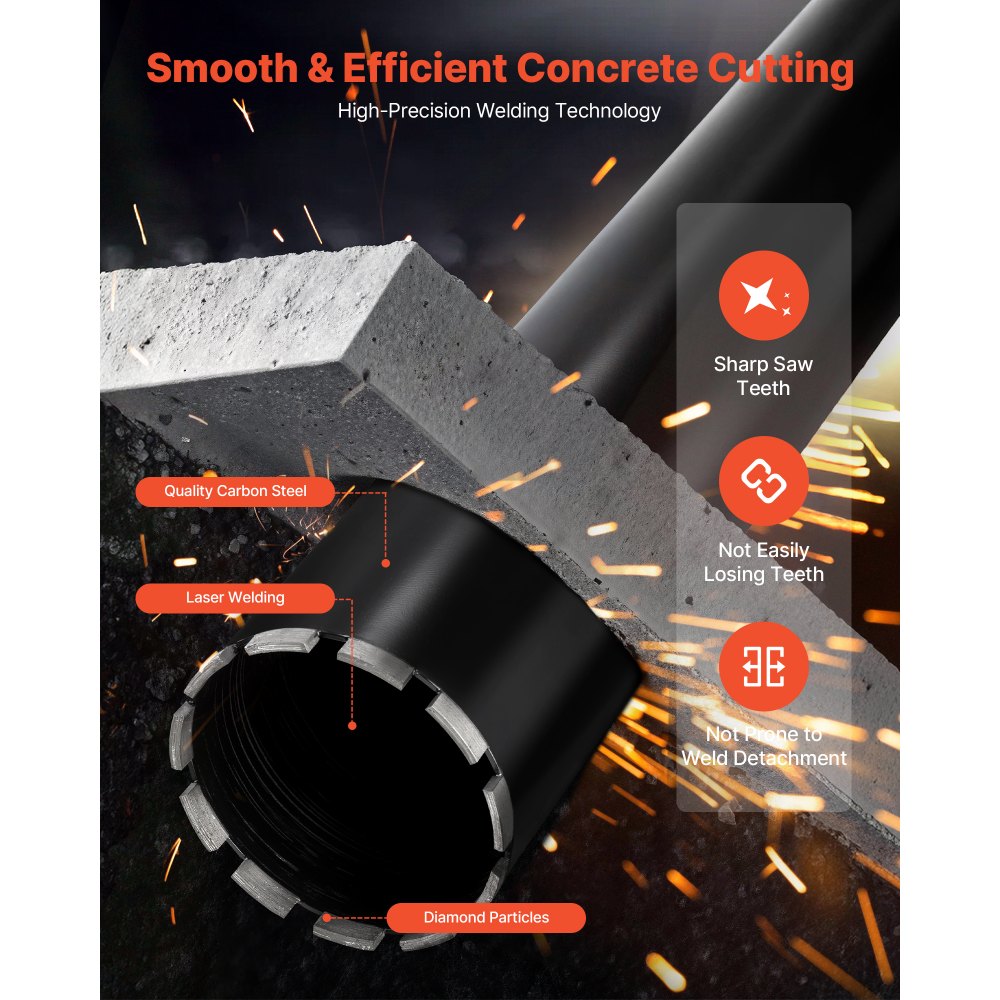 VEVOR Core Drill Bit, 127 mm Diameter, 356 mm Drilling Depth, 1-1/4 in-7 Internal Thread, High-Precision Welding Technology, Wet Diamond Core Bit for Reinforced Concrete, Red Bricks, and Masonry