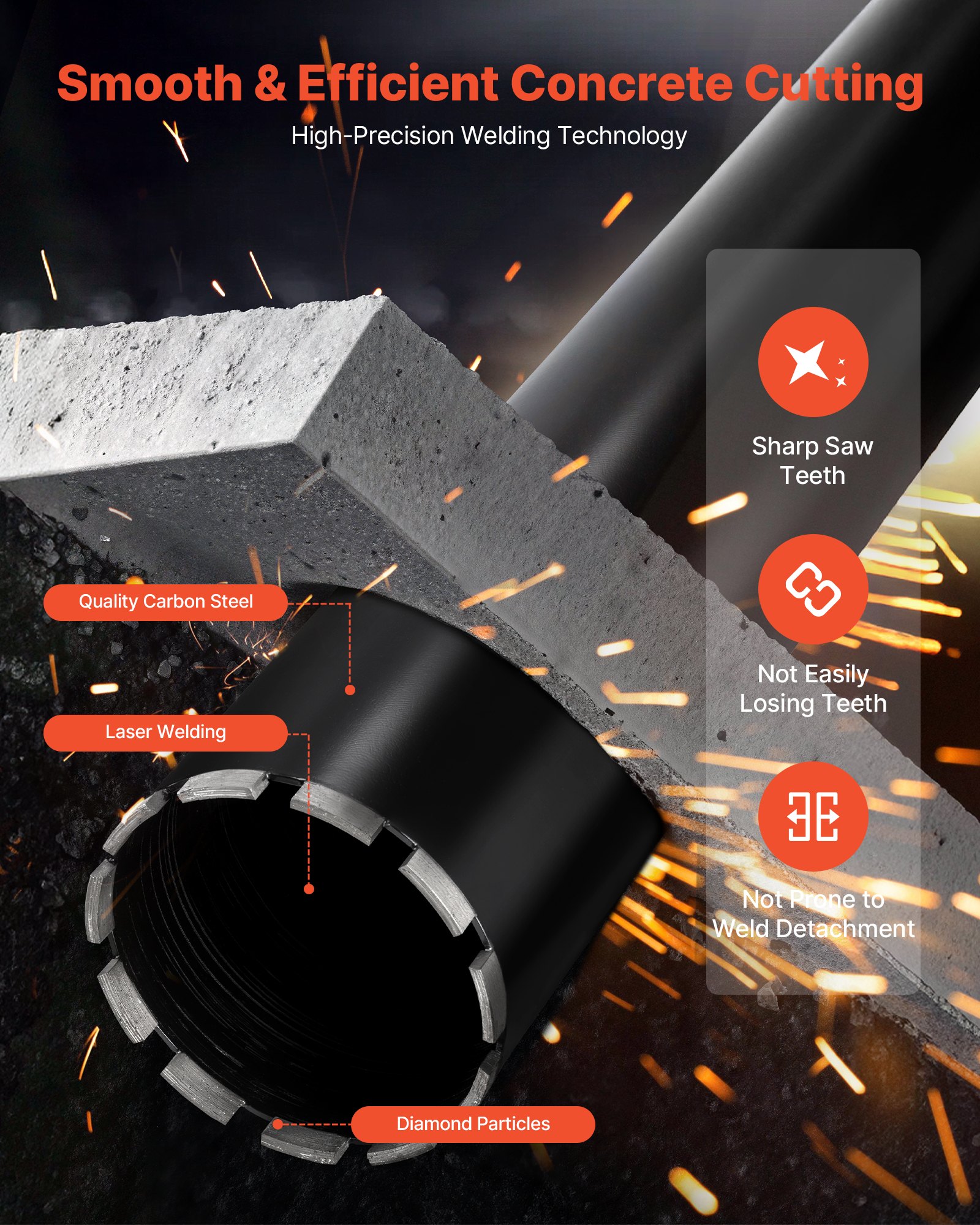 VEVOR Core Drill Bit, 127 mm Diameter, 356 mm Drilling Depth, 1-1/4 in-7 Internal Thread, High-Precision Welding Technology, Wet Diamond Core Bit for Reinforced Concrete, Red Bricks, and Masonry