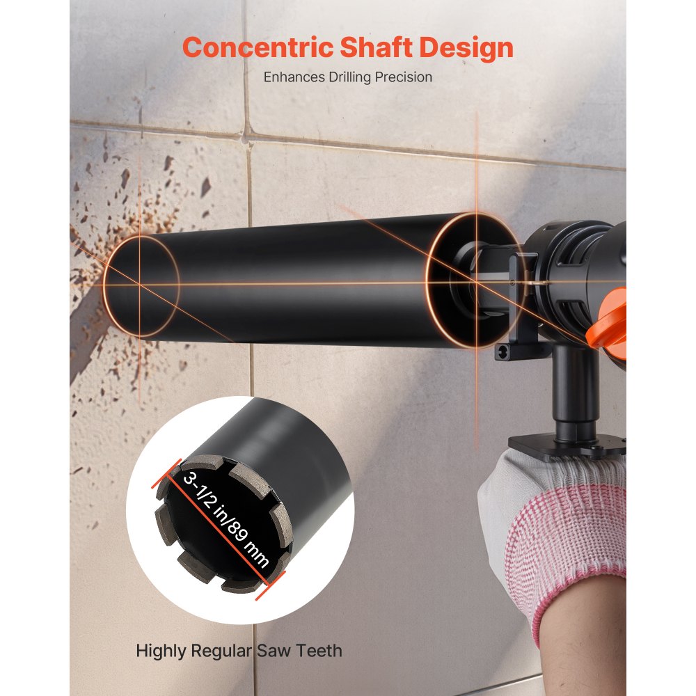 VEVOR Core Drill Bit, 89 mm Diameter, 356 mm Drilling Depth, 1-1/4 in-7 Internal Thread, High-Precision Welding Technology, Wet Diamond Core Bit for Reinforced Concrete, Red Bricks, and Masonry