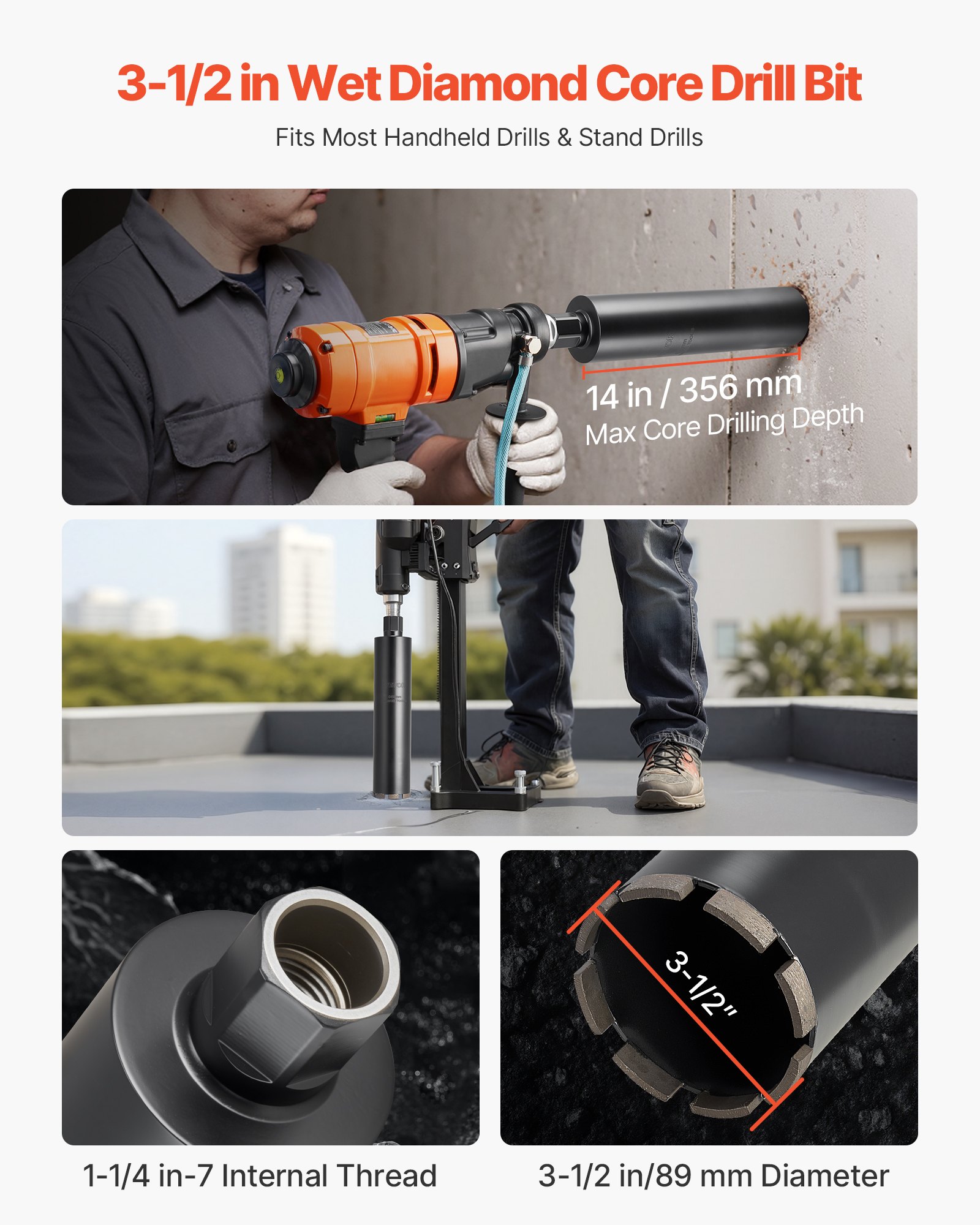 VEVOR Core Drill Bit, 89 mm Diameter, 356 mm Drilling Depth, 1-1/4 in-7 Internal Thread, High-Precision Welding Technology, Wet Diamond Core Bit for Reinforced Concrete, Red Bricks, and Masonry