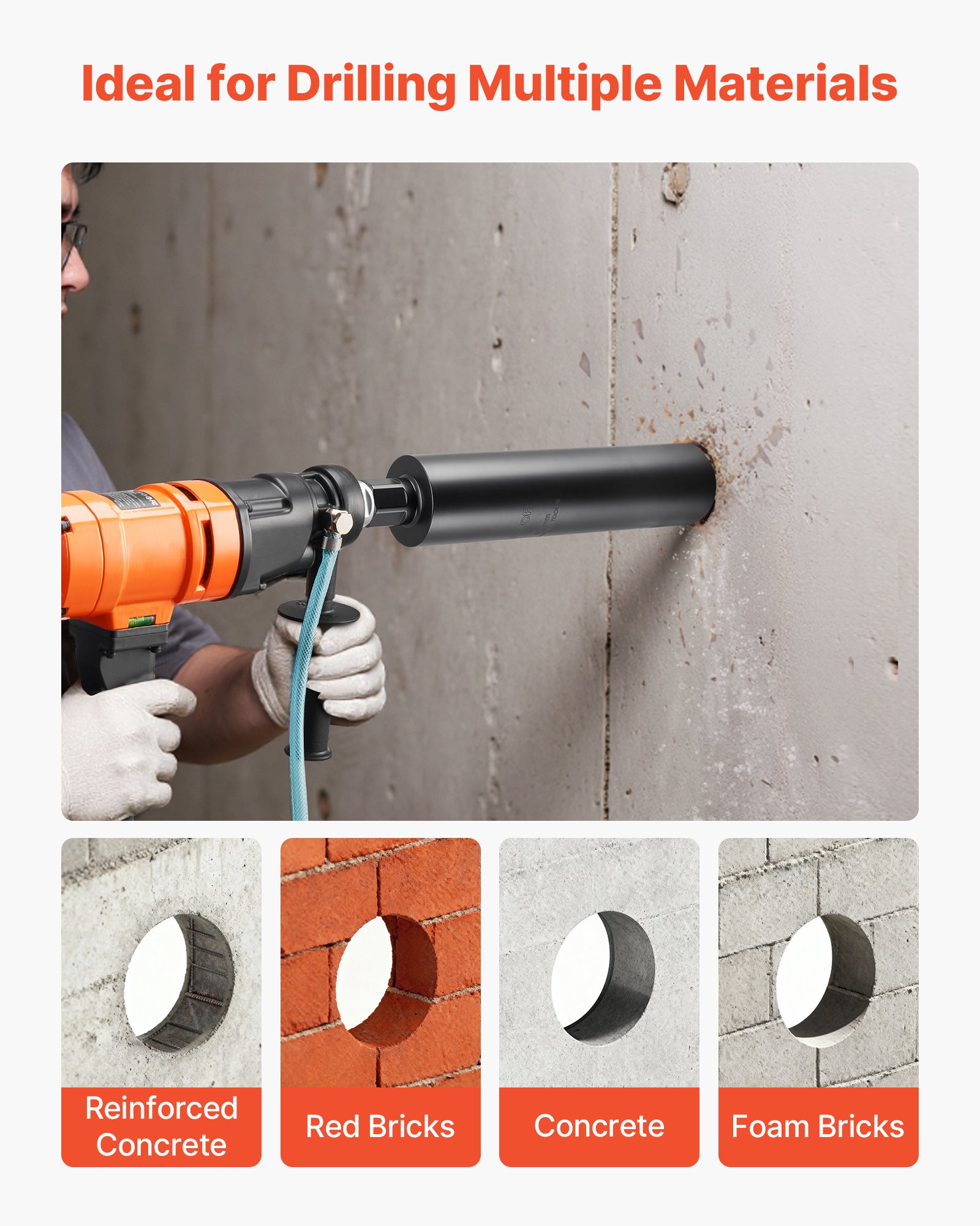 VEVOR Core Drill Bit, 89 mm Diameter, 356 mm Drilling Depth, 1-1/4 in-7 Internal Thread, High-Precision Welding Technology, Wet Diamond Core Bit for Reinforced Concrete, Red Bricks, and Masonry