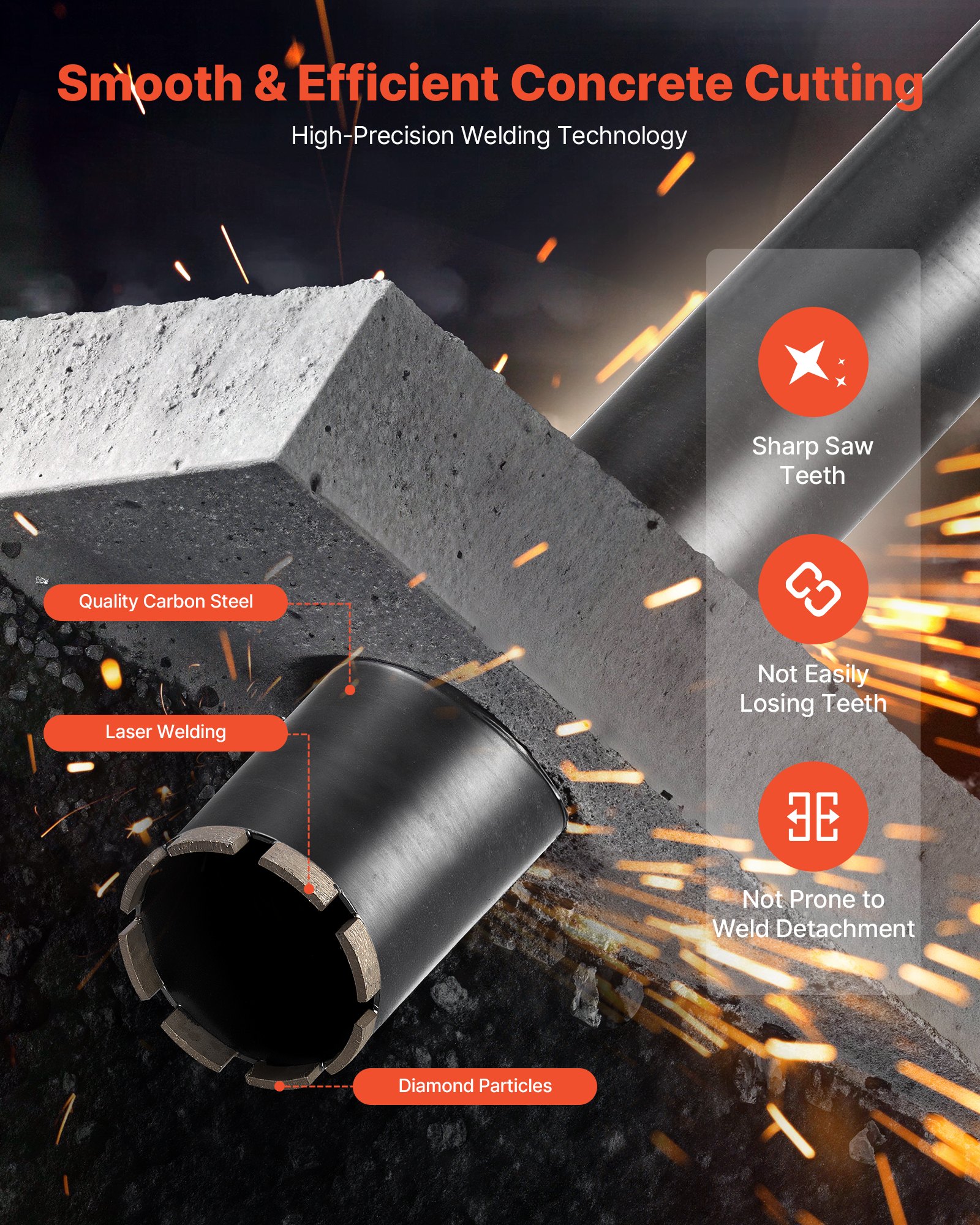 VEVOR Core Drill Bit, 89 mm Diameter, 356 mm Drilling Depth, 1-1/4 in-7 Internal Thread, High-Precision Welding Technology, Wet Diamond Core Bit for Reinforced Concrete, Red Bricks, and Masonry