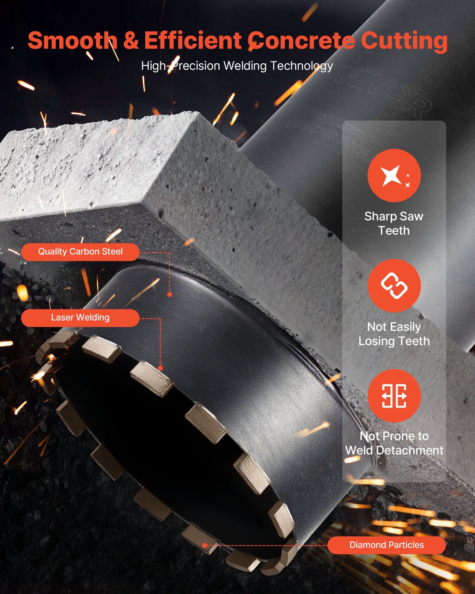VEVOR Corona Diamantata per Carotaggio Diametro 203 mm Profondità di Foratura 356 mm, Tecnologia di Saldatura ad Alta Precisione, Punta Carotatrice Diamantata a Umido per Cemento Armato, Mattoni