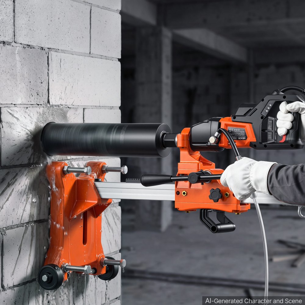VEVOR Trapano a Carotaggio Diamantato con 4 Punte a Secco e Umido da 1800 W, Capacità Foratura Massima 132 mm, 2 in 1 Portatile e da Appoggio, Base con Ruote, Filettatura UNC1 1/4–7, per Calcestruzzo