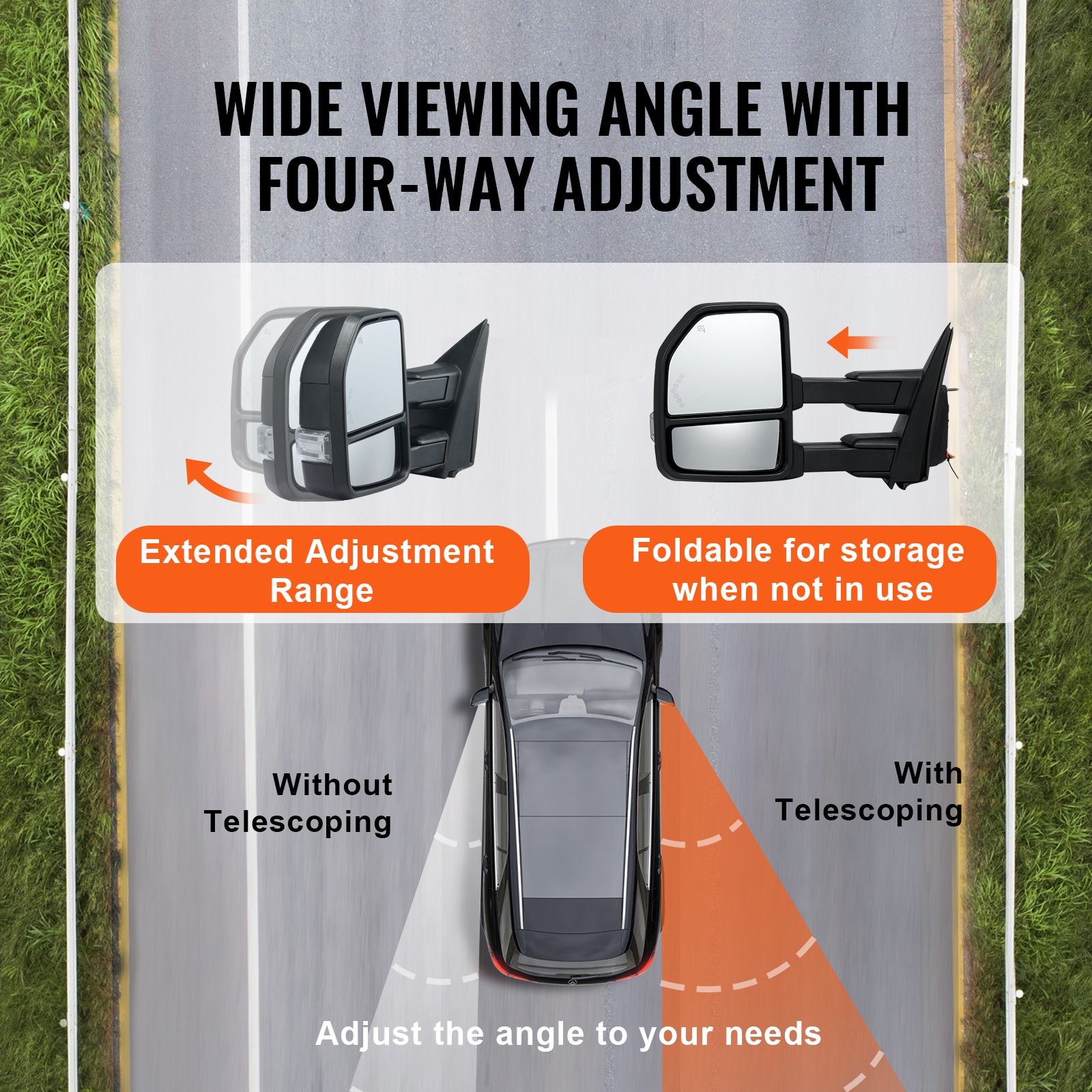 VEVOR tow-away mirrors, left and right pair set for Ford F150 2015-2018, electrically heated with flashing light and puddle light, flat and convex glass, manually controlled telescopic folding system, heating and defrosting, black