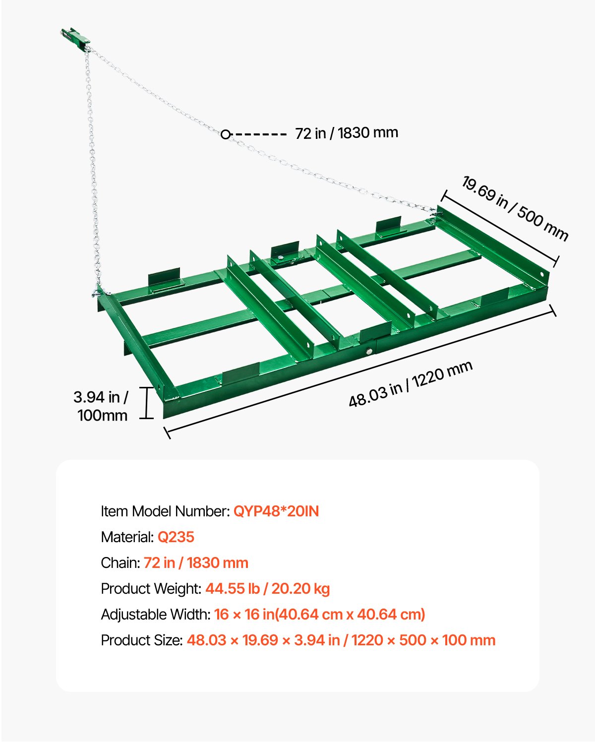 VEVOR Erpice Trainato da 1220 x 500 x 100 mm con Barre Regolabili e Catena 1830 mm, per ATV UTV Trattore, Tosaerba Trainato Dietro lo Strumento di Livellamento del Prato del Cortile