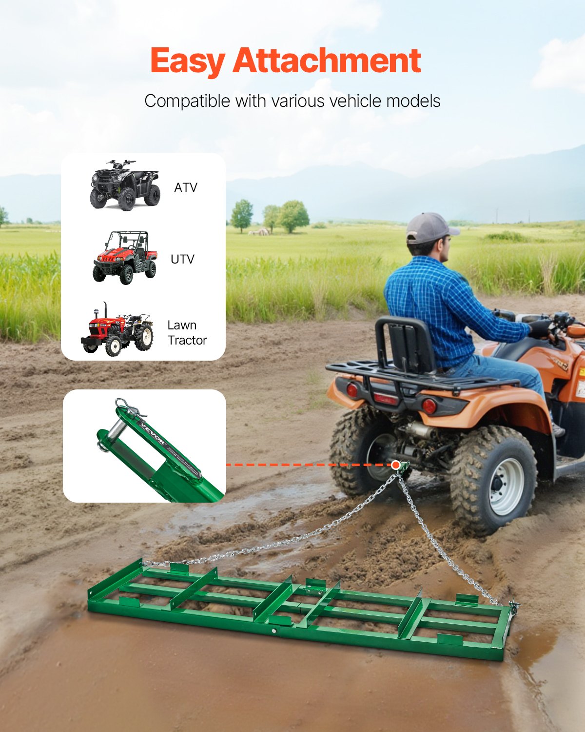 VEVOR Erpice Trainato per Impieghi Gravosi con Barre Regolabili e Catena 1830 mm, per Vialetti per ATV, UTV, Trattore, Tosaerba Trainato Dietro Strumento di Livellamento del Prato Cortile
