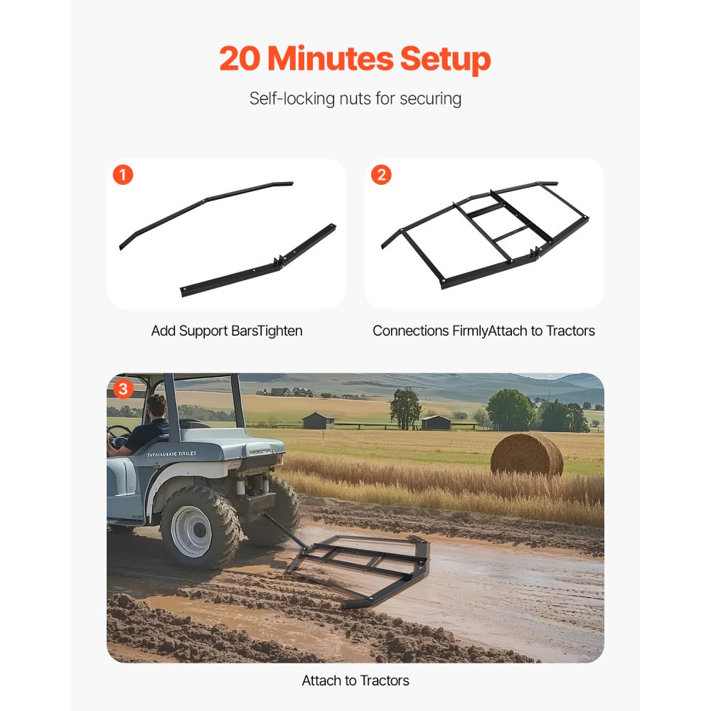 VEVOR Erpice a Trascinamento Largo 1880 mm, Livellatrice per Vialetti in Acciaio Q235 con Barre Regolabili Attacco a Perno per Trattori Vialetto per ATV UTV Giardino, 1880 x 1990 x 110 mm