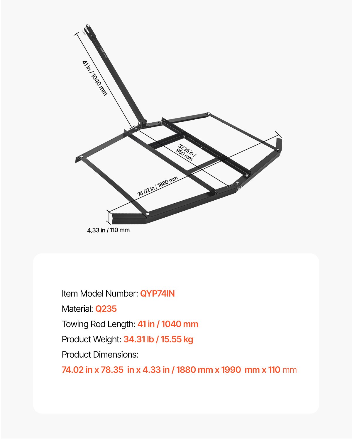 VEVOR Erpice a Trascinamento Largo 1880 mm, Livellatrice per Vialetti in Acciaio Q235 con Barre Regolabili Attacco a Perno per Trattori Vialetto per ATV UTV Giardino, 1880 x 1990 x 110 mm