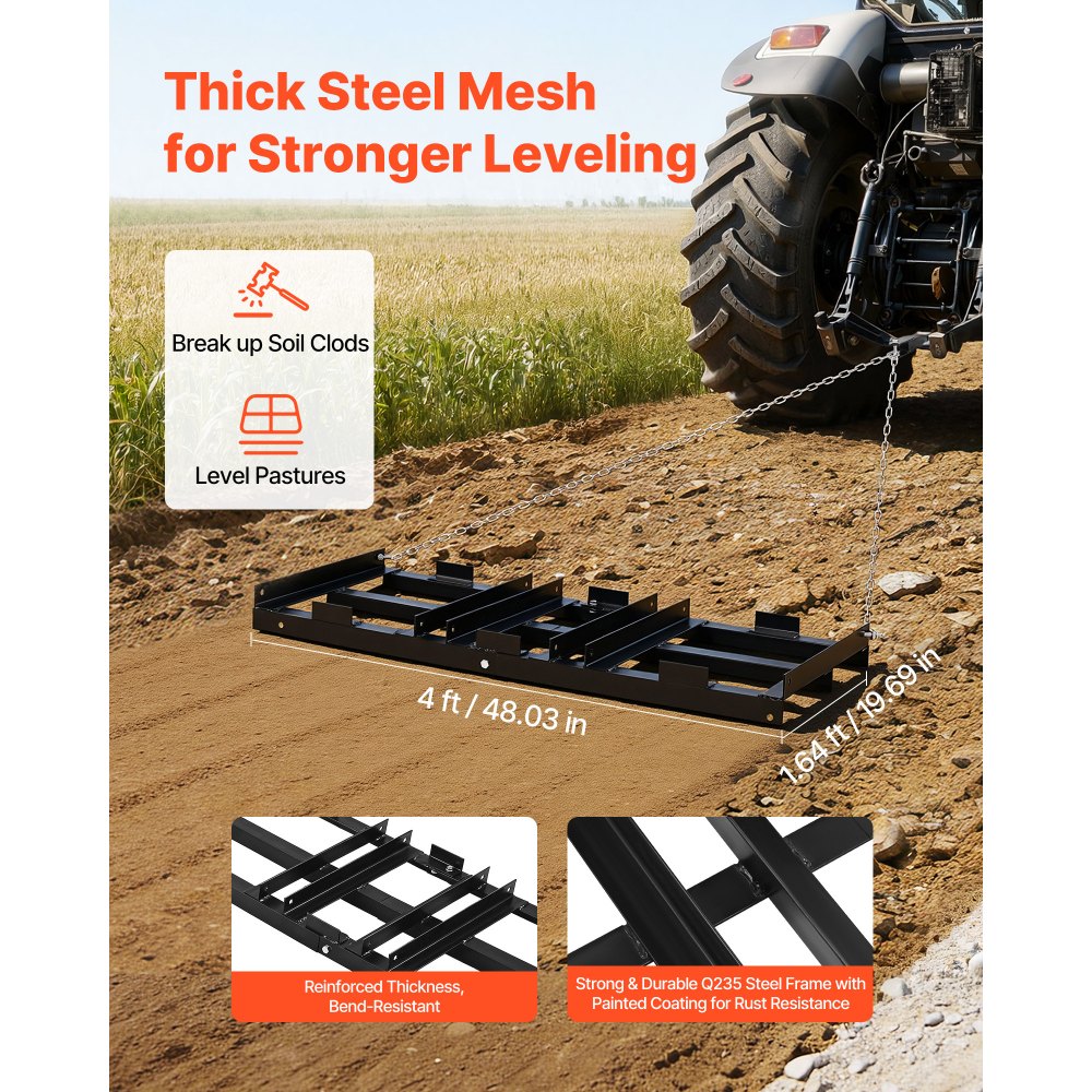 VEVOR Erpice Trainato per Prato Giardino 122 x 50 cm Rastrello Livellatore Trainato con Catena per Terreno Vialetti di Ghiaia Prato, Erpice di Livellamento per Sentieri Giardino, Compatibile ATV UTV