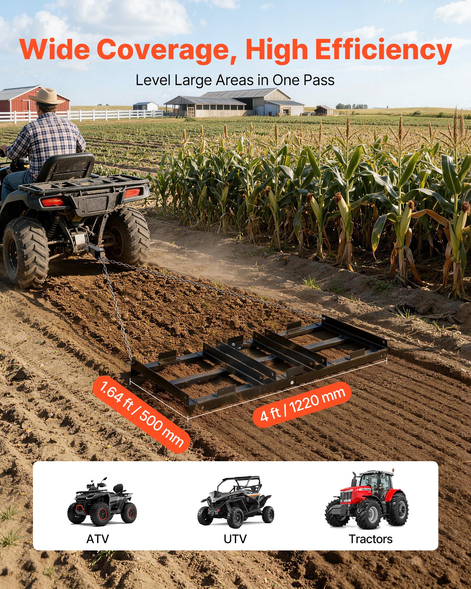 VEVOR Erpice Trainato per Prato Giardino 122 x 50 cm Rastrello Livellatore Trainato con Catena per Terreno Vialetti di Ghiaia Prato, Erpice di Livellamento per Sentieri Giardino, Compatibile ATV UTV