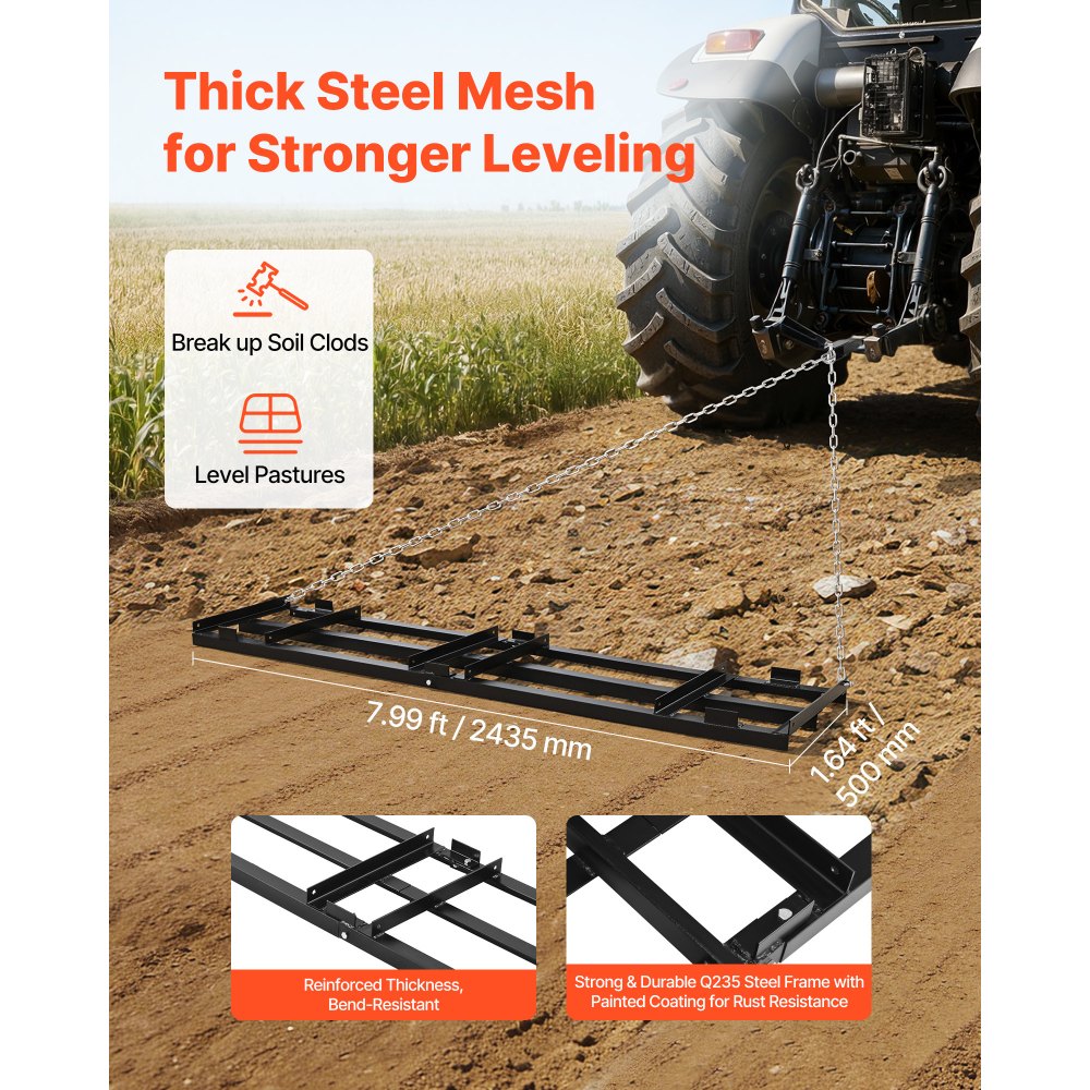 VEVOR Erpice Trainato 243,5 x 50 cm per Prato Giardino, Rastrello Livellatore Trainato con Catena 183 cm per Terreno Vialetti di Ghiaia Giardino, Erpice Livellamento per Rimorchio Trattorini ATV UTV