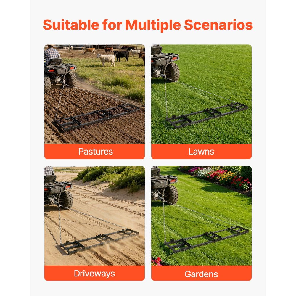 VEVOR Erpice Trainato 243,5 x 50 cm per Prato Giardino, Rastrello Livellatore Trainato con Catena 183 cm per Terreno Vialetti di Ghiaia Giardino, Erpice Livellamento per Rimorchio Trattorini ATV UTV