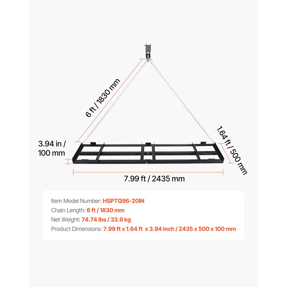 VEVOR Erpice Trainato 243,5 x 50 cm per Prato Giardino, Rastrello Livellatore Trainato con Catena 183 cm per Terreno Vialetti di Ghiaia Giardino, Erpice Livellamento per Rimorchio Trattorini ATV UTV