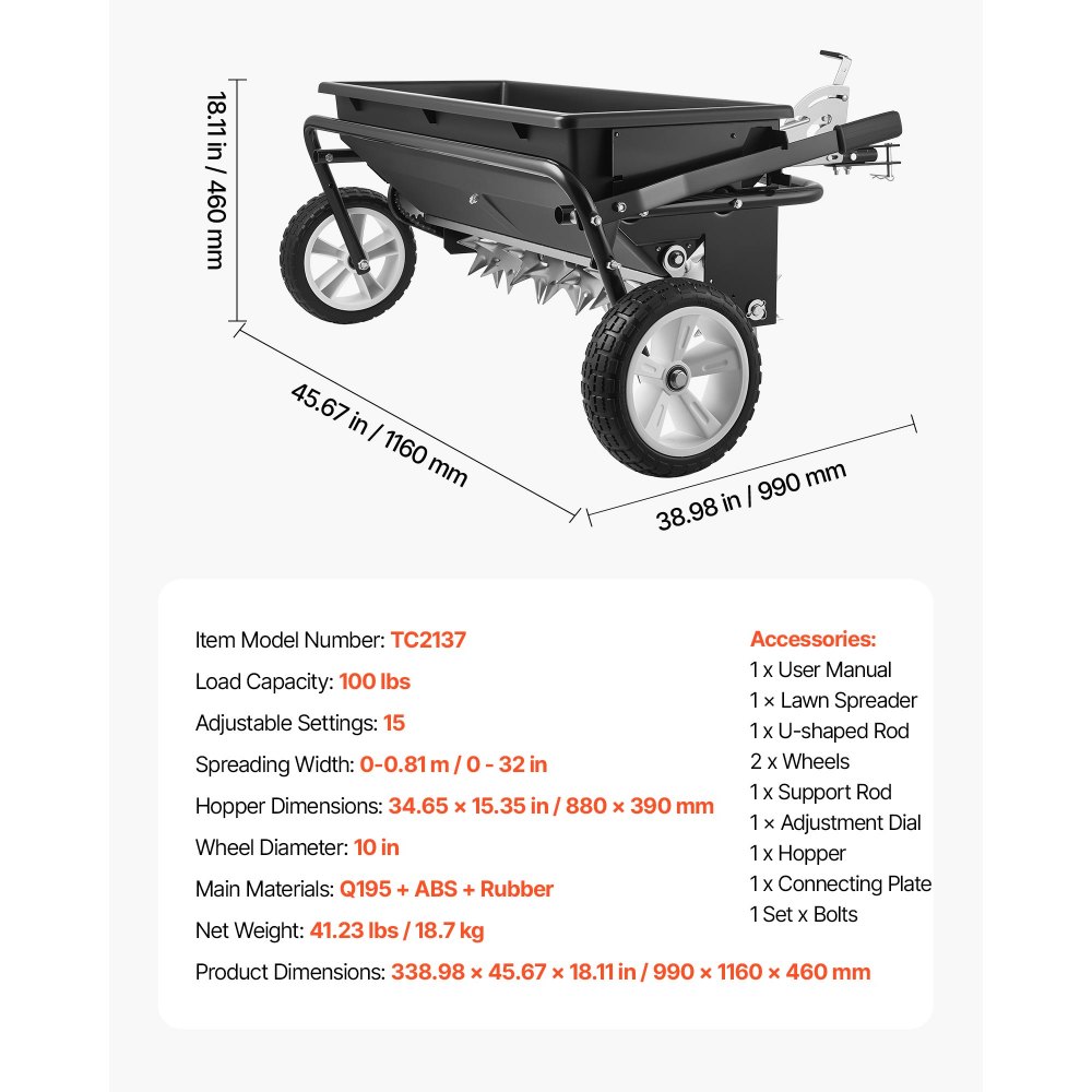 VEVOR Spargiconcime da Traino Capacità 45 kg e Ruote da 25,4cm per ATV UTV, Larghezza Spandimento di 0,81m, Seminatrice da Giardino a Diffusione Aeratore Terreno con Attacco Universale per Semina