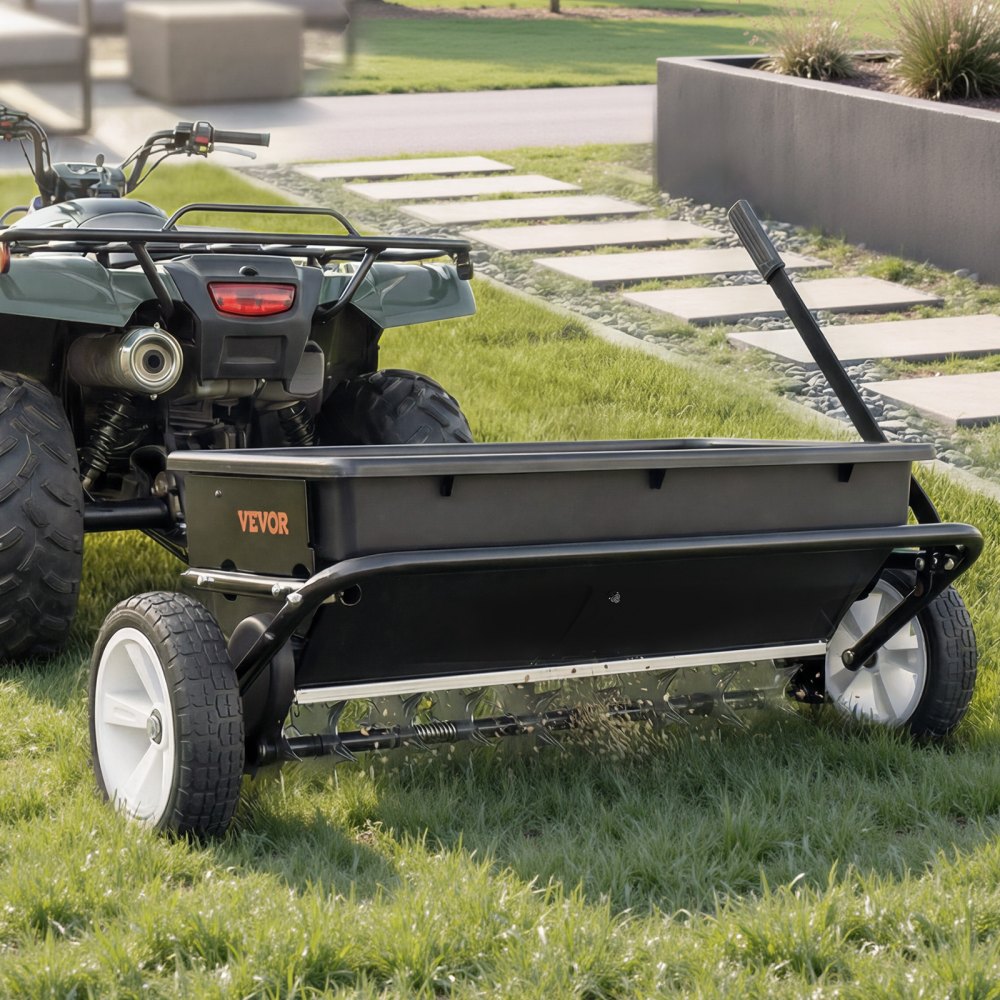 VEVOR Spargiconcime da Traino Capacità 45 kg e Ruote da 25,4cm per ATV UTV, Larghezza Spandimento di 0,81m, Seminatrice da Giardino a Diffusione Aeratore Terreno con Attacco Universale per Semina